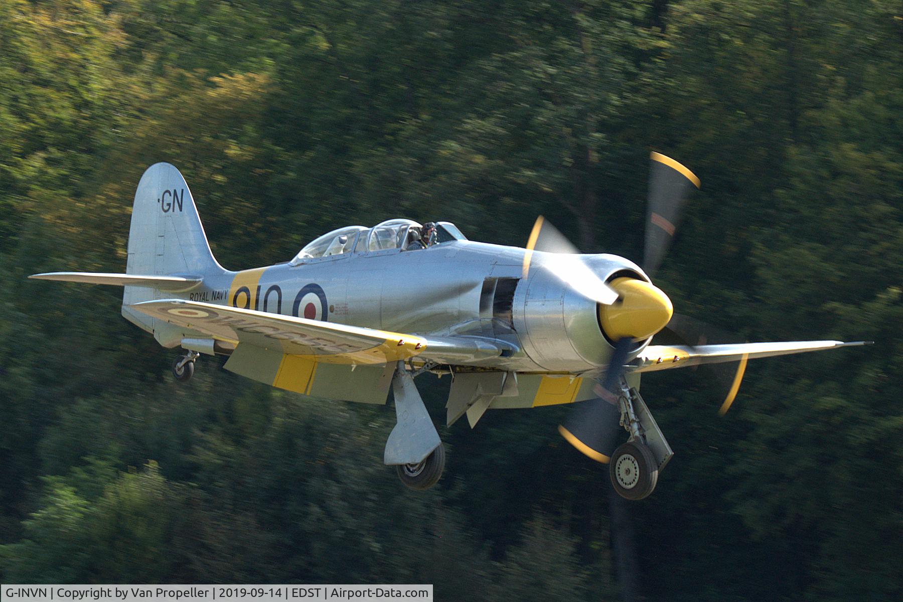 G-INVN, 1952 Hawker Sea Fury T.20 C/N 41H/636070, Hawker Sea Fury T.Mk.20 landing at Hahnweide airfield, Germany. OTT 2019