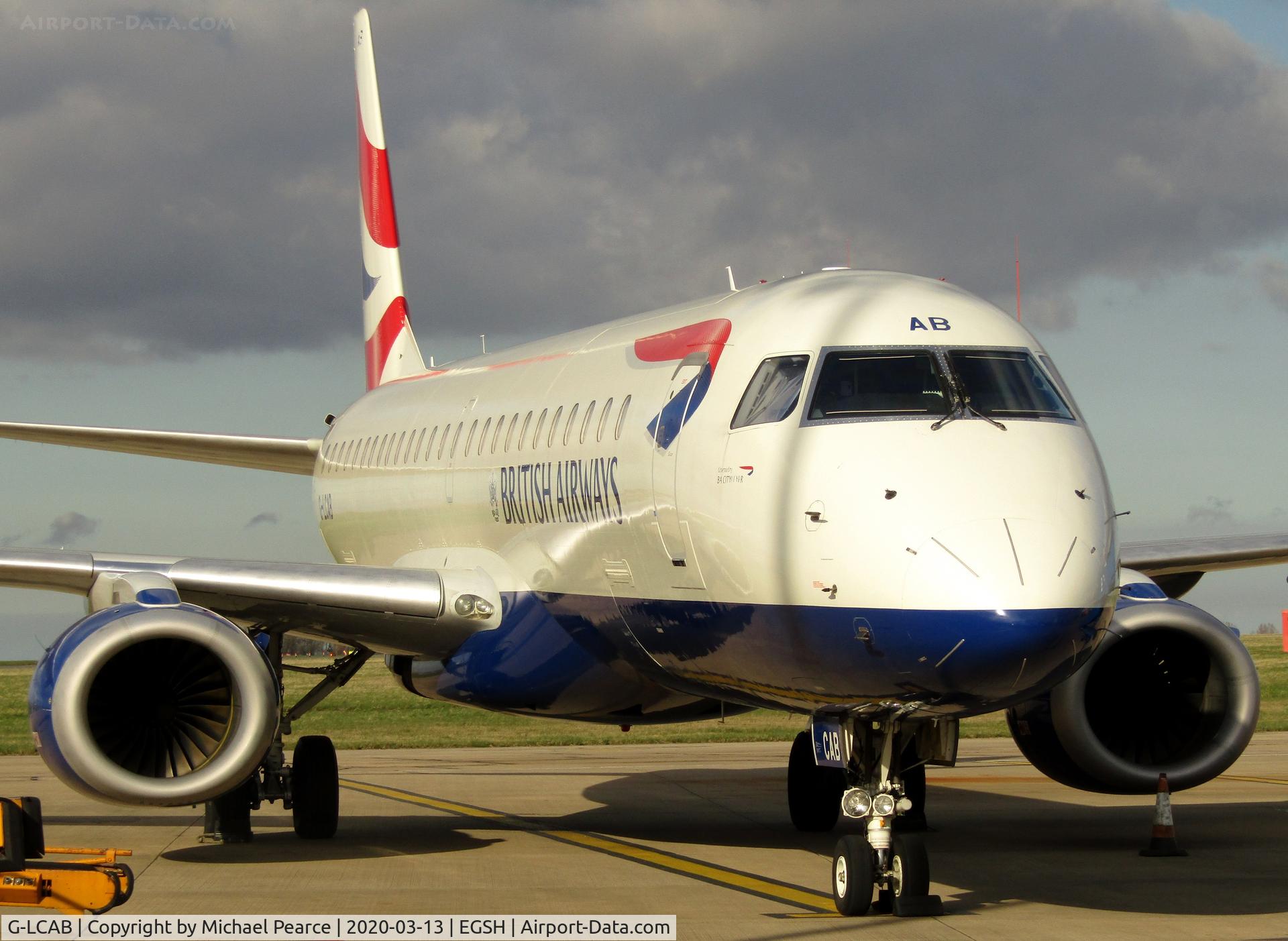 G-LCAB, 2011 Embraer 190SR (ERJ-190-100SR) C/N 19000465, Parked on Stand 5 after arrival from London (LCY). It was placed under storage due to a drop in passenger demand, during the COVID-19 outbreak.