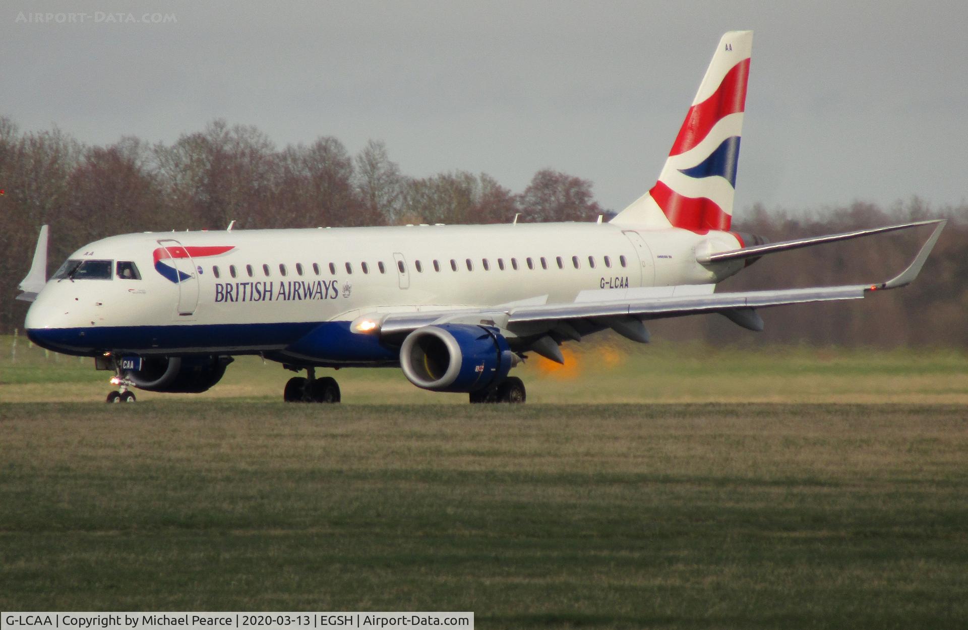 G-LCAA, 2011 Embraer 190LR (ERJ-190-100LR) C/N 19000456, Arriving on RWY 27 from Edinburgh (EDI). It was placed under storage due to a drop in passenger demand, during the COVID-19 outbreak.
