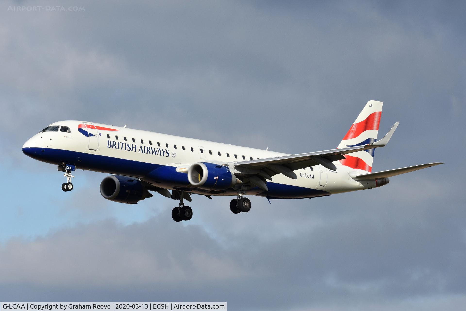 G-LCAA, 2011 Embraer 190LR (ERJ-190-100LR) C/N 19000456, Landing at Norwich.