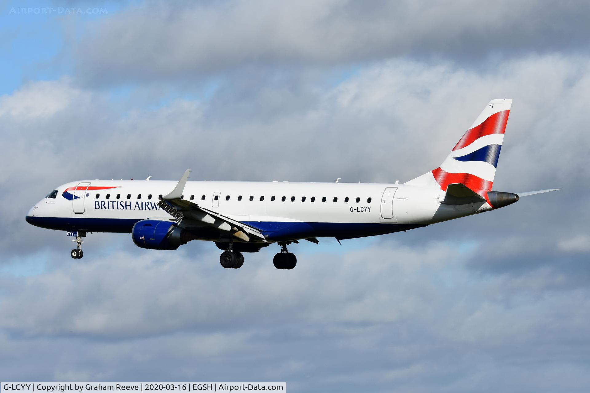 G-LCYY, 2008 Embraer 190LR (ERJ-190-100LR) C/N 19000189, Landing at Norwich.