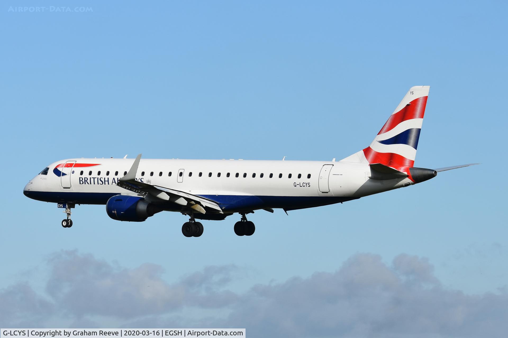 G-LCYS, 2014 Embraer 190SR (ERJ-190-100SR) C/N 19000663, Landing at Norwich.