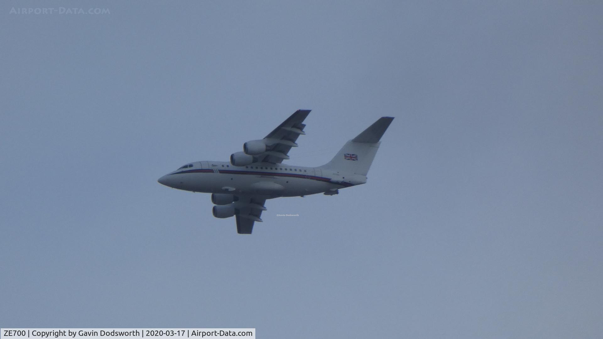 ZE700, 1984 British Aerospace BAe.146-100 CC.2 C/N E1021, ZE700 flying over Darlington, England, whilst operating out of Teesside on crew training.