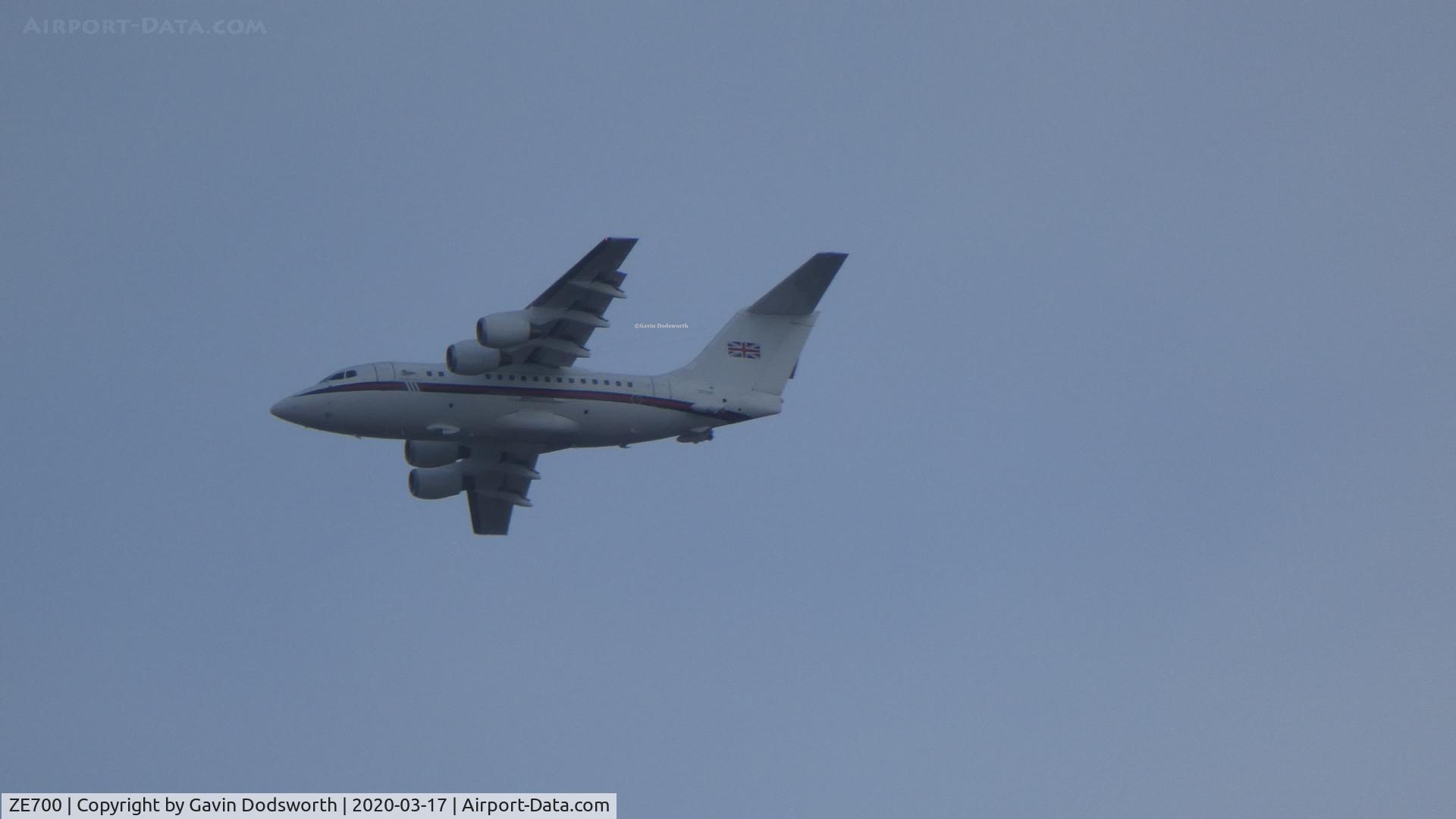 ZE700, 1984 British Aerospace BAe.146-100 CC.2 C/N E1021, ZE700 flying over Darlington, England, whilst operating out of Teesside on crew training.