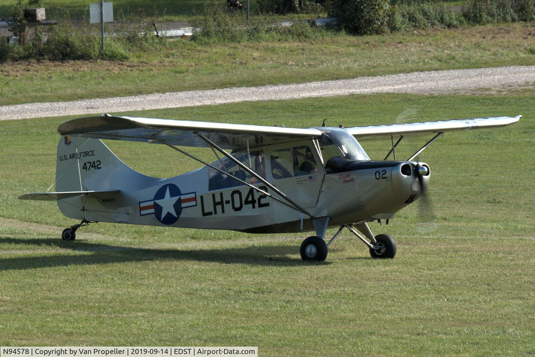 N94578, 1947 Aeronca 7BCM C/N 7BCM-42, Aeronca L-16A (7BCM Champion) ready for take off from Hahnweide airfield, Germany. OTT 2019