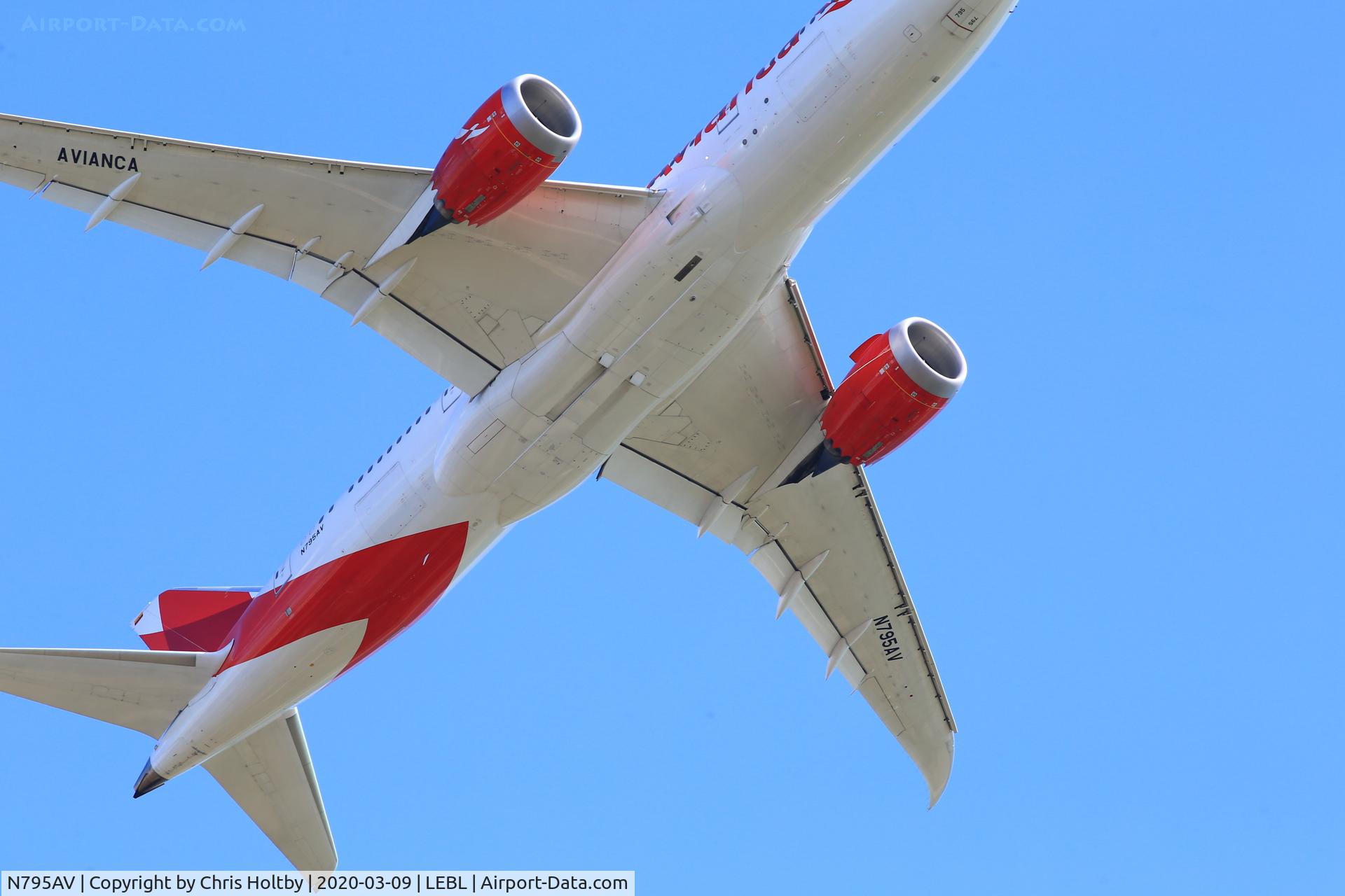 N795AV, 2017 Boeing 787-8 Dreamliner Dreamliner C/N 39407, Right under the take-off threshold at Barcelona's El Prat Airport