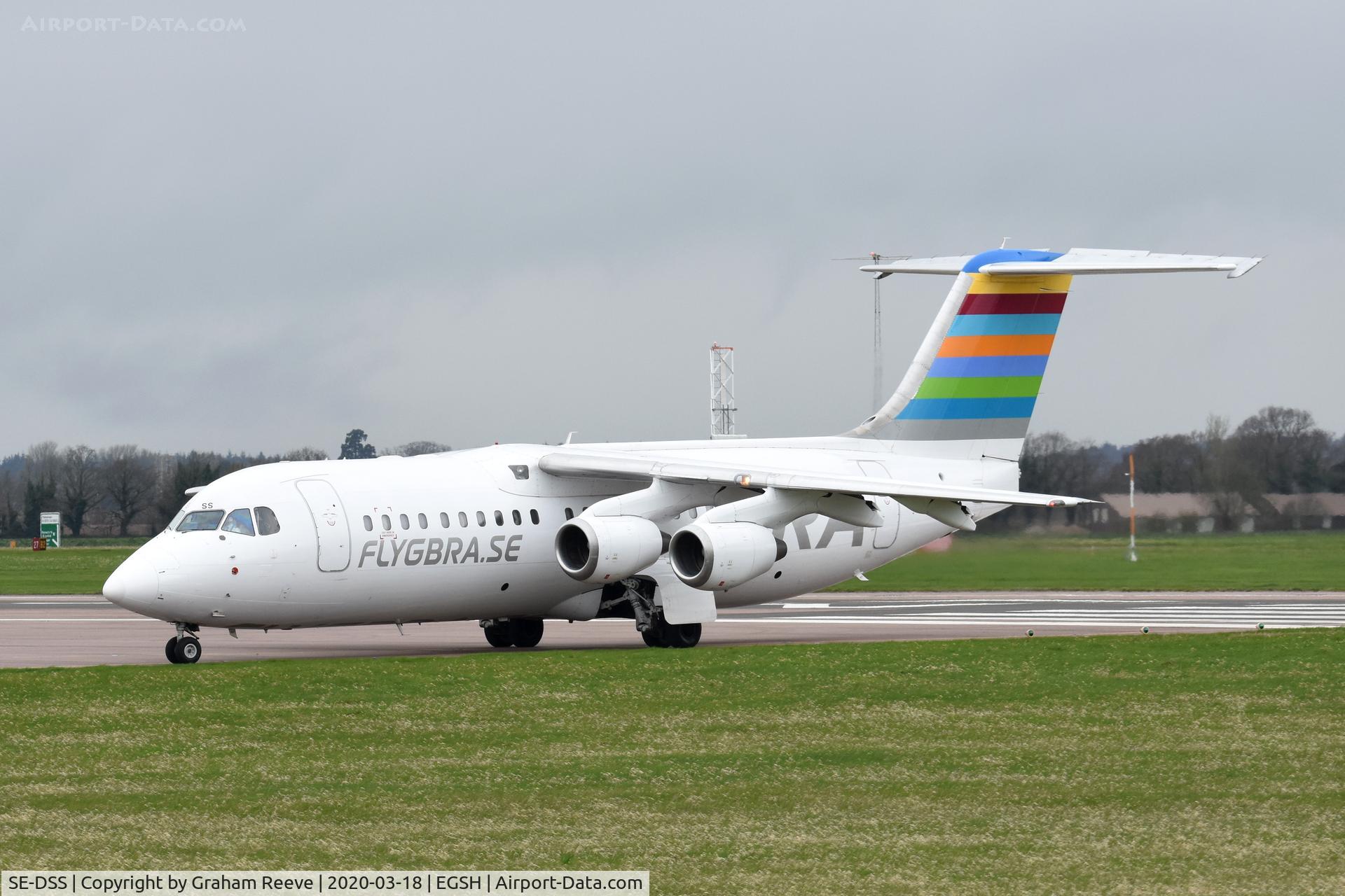 SE-DSS, 1994 British Aerospace Avro 146-RJ100 C/N E3245, Just landed at Norwich.
