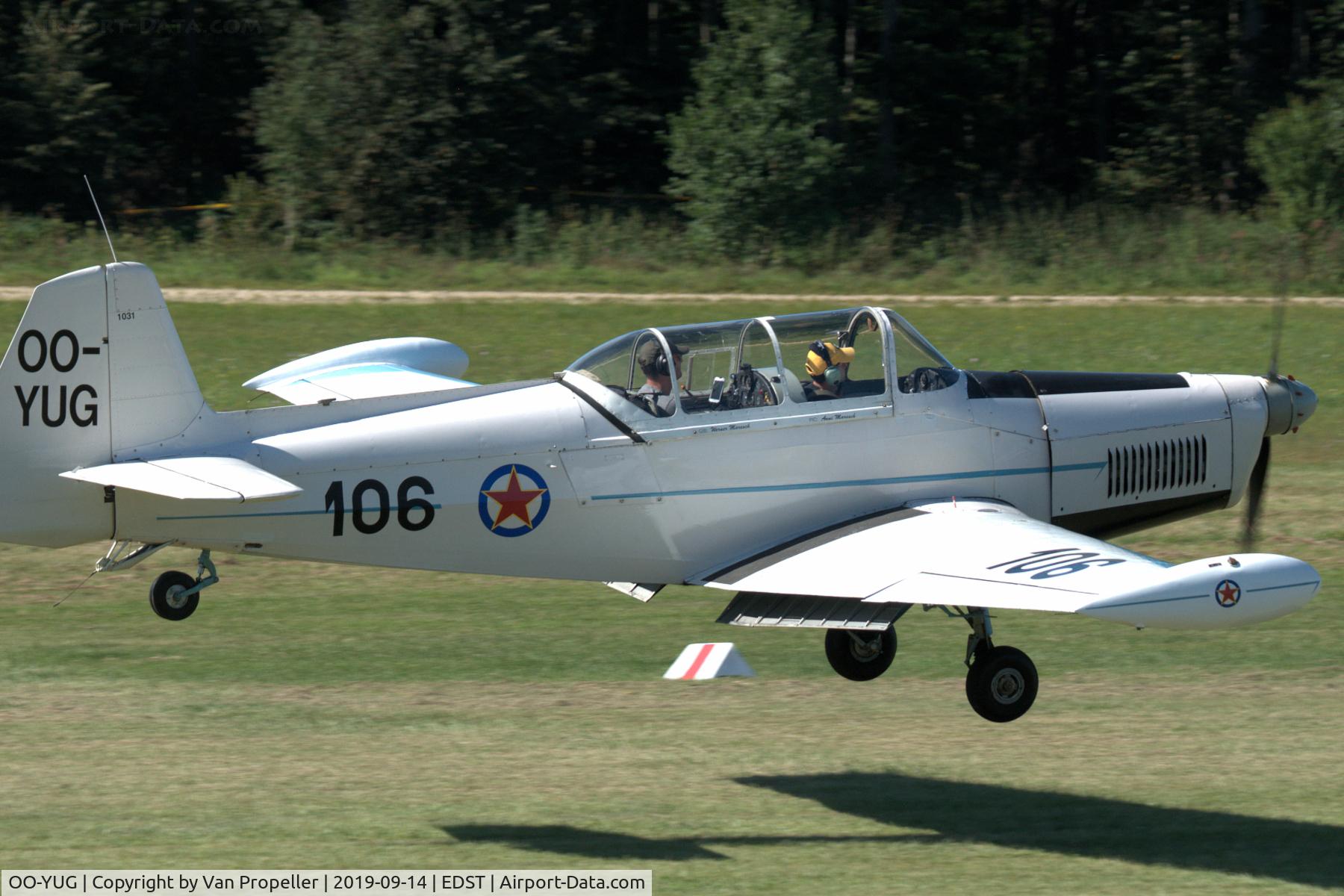 OO-YUG, 1968 Zlinn Zlin 526F Trener Master C/N 1031, Zlin Z-526F Trener-Master landing at Hahnweide airfield, Germany. OTT 2019