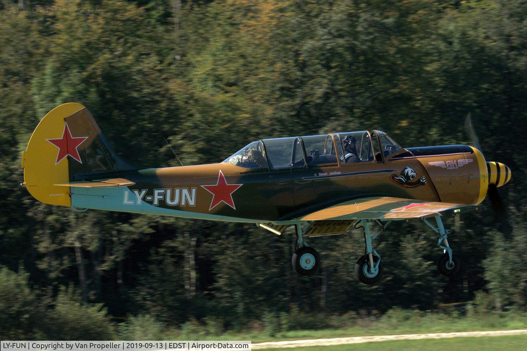 LY-FUN, 1986 Yakovlev Yak-52 C/N 867211, Yakovlev Yak-52 landing at Hahnweide airfield, Germany. OTT 2019