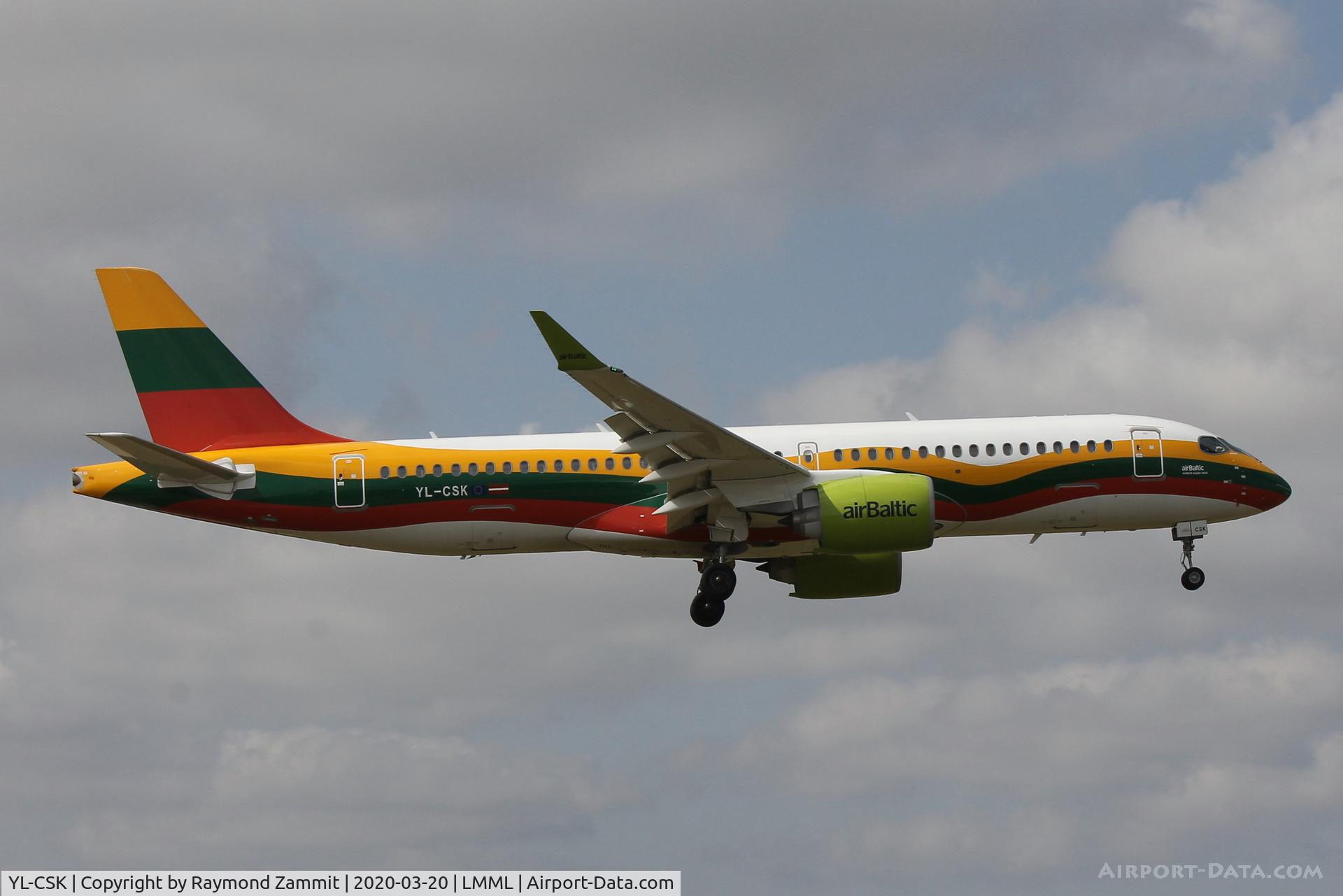 YL-CSK, 2018 Airbus A220-300 C/N 55039, A220 YL-CSK Air Baltic in special colour livery....Covid 19 repatriation flight from Malta to Riga