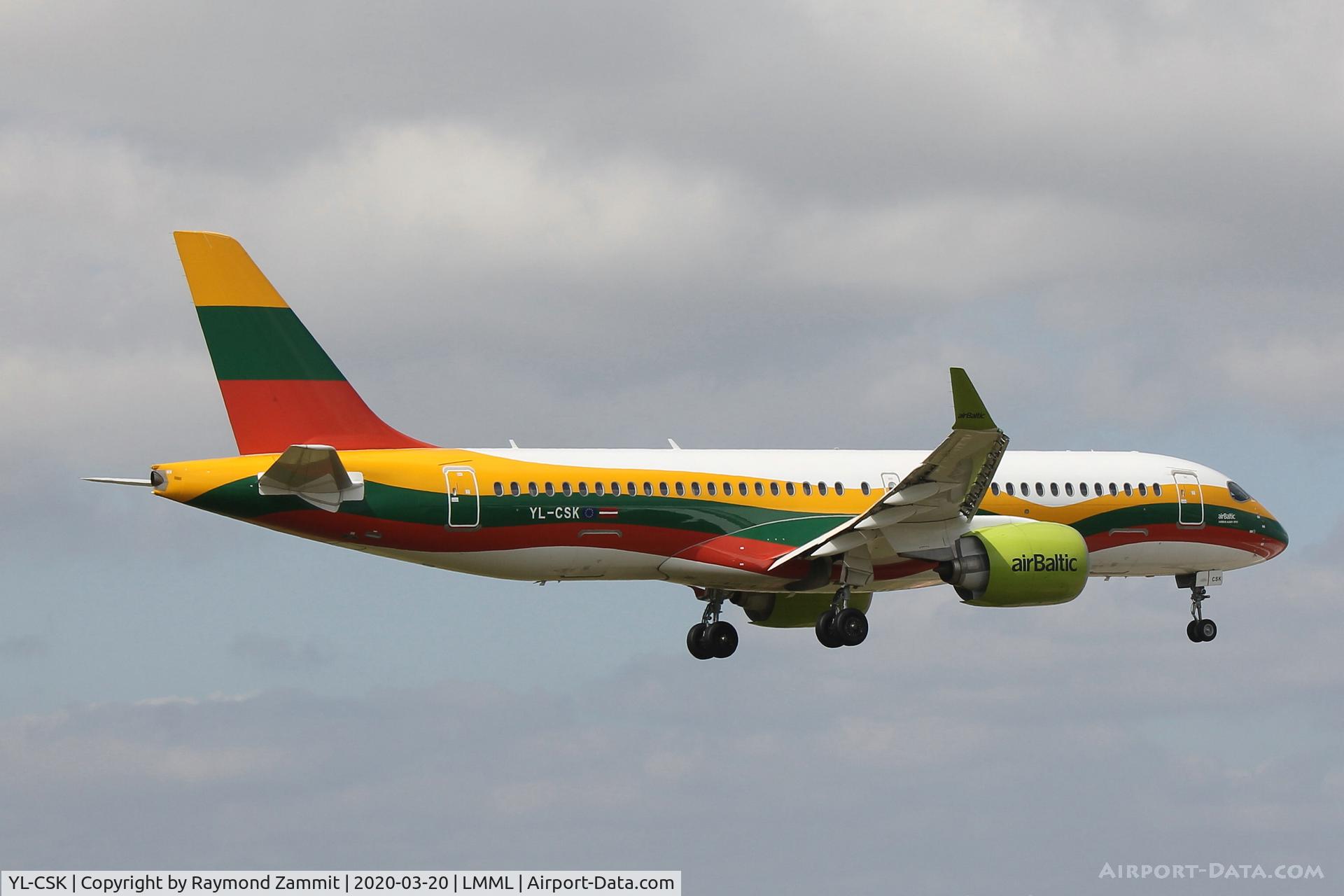 YL-CSK, 2018 Airbus A220-300 C/N 55039, A220 YL-CSK Air Baltic wearing special colours. Covid 19 repatriation flight from Malta to Riga