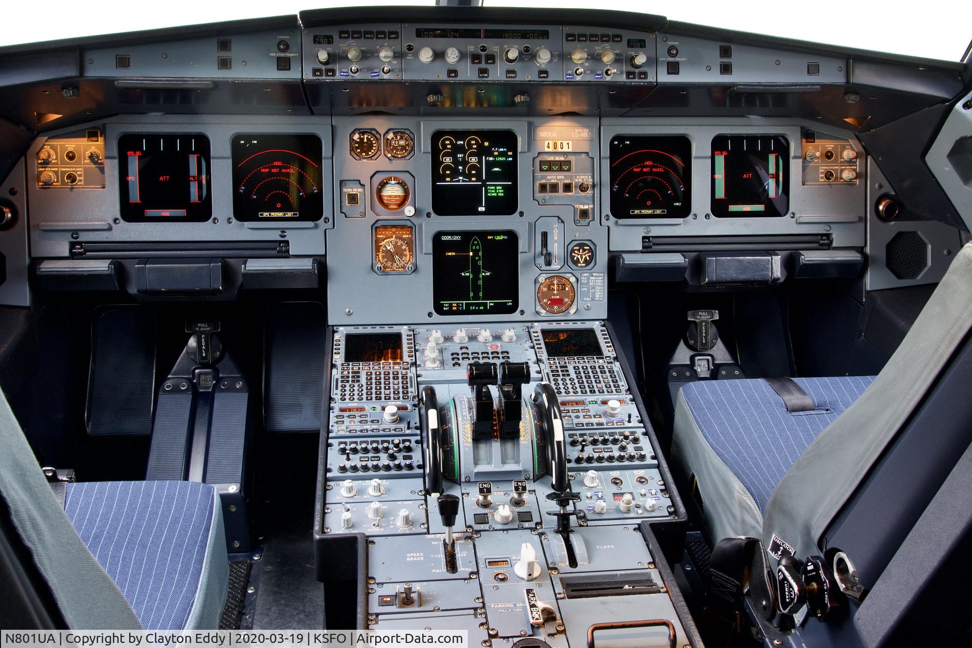 N801UA, 1997 Airbus A319-131 C/N 686, Flightdeck SFO 2020.