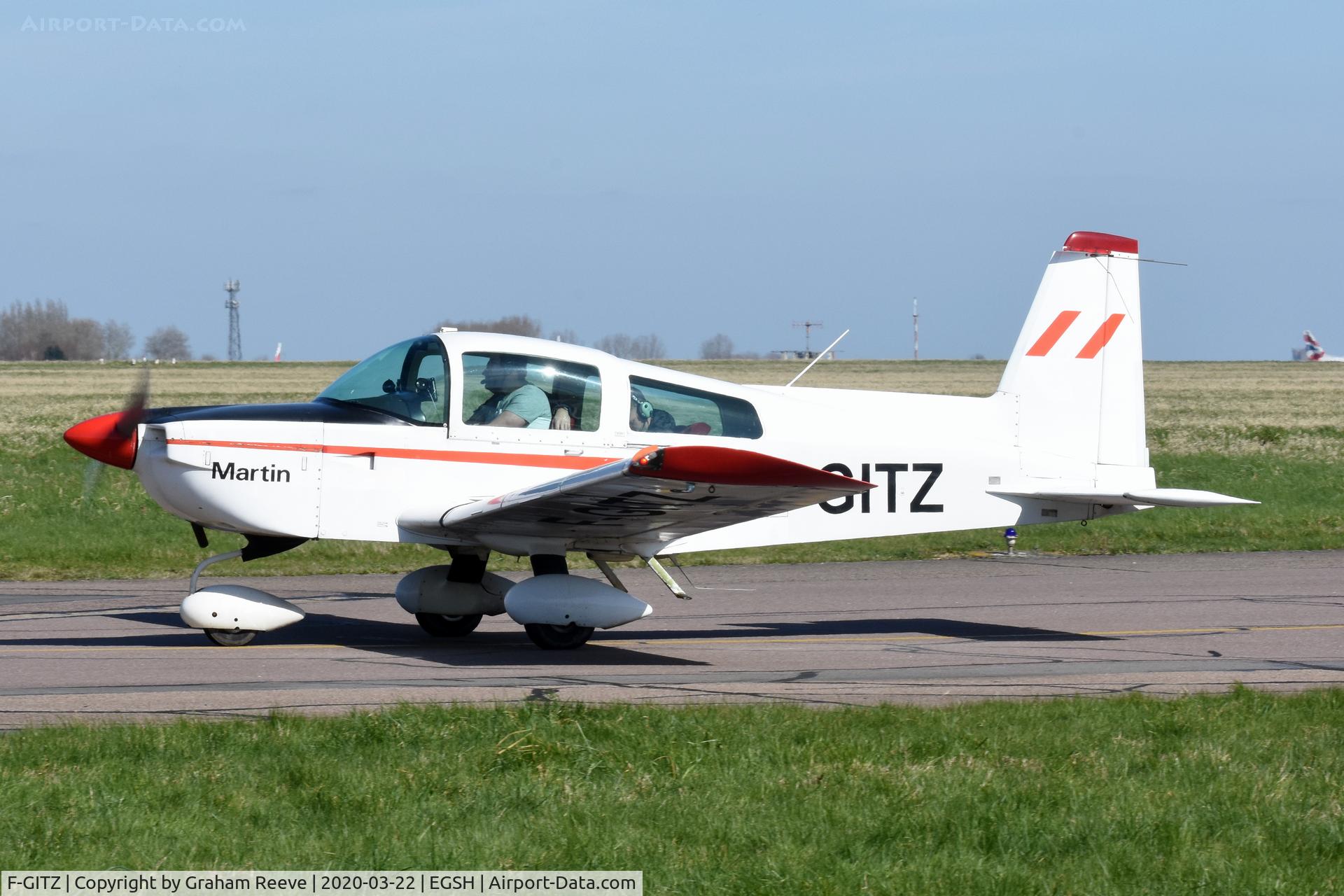 F-GITZ, Grumman American AG-5B Tiger C/N 10140, Just landed at Norwich.