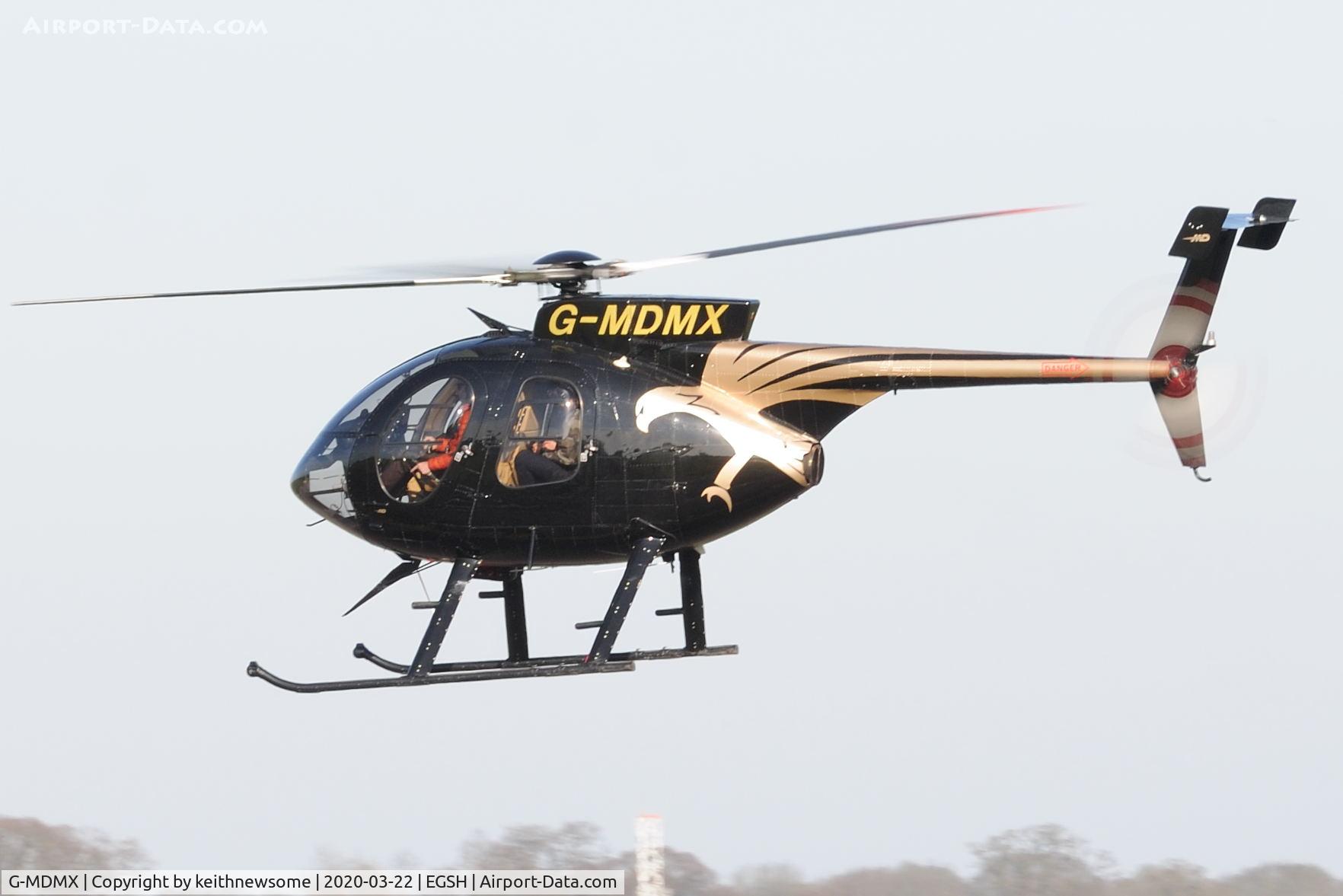 G-MDMX, 1990 McDonnell Douglas MD-500E (369E) C/N 0396E, Leaving Norwich following fuel stop.