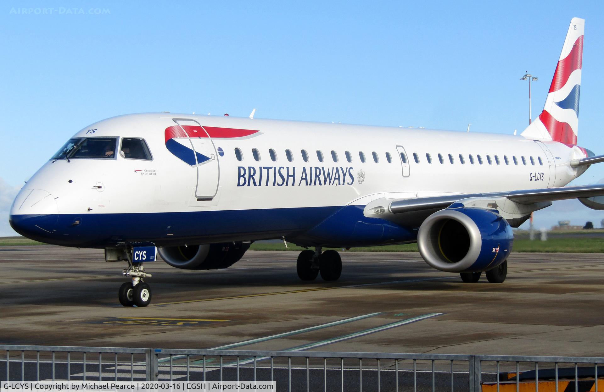 G-LCYS, 2014 Embraer 190SR (ERJ-190-100SR) C/N 19000663, Parked on Stand 5 shortly after arrival from London (LCY) for storage, due to a drop in passenger demand during the COVID-19 outbreak.