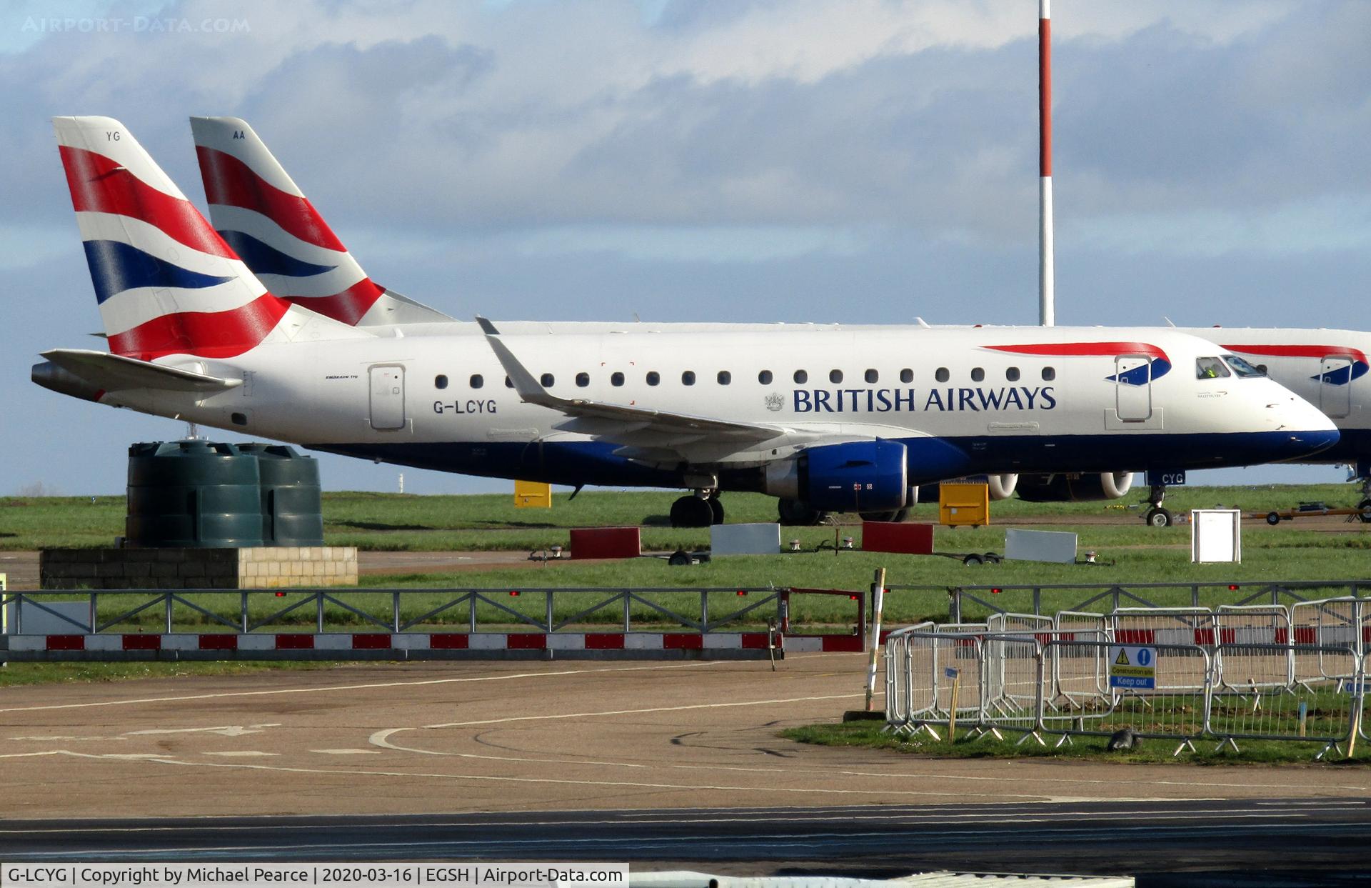G-LCYG, 2009 Embraer 170STD (ERJ-170-100STD) C/N 17000300, Parked on the Eastern Apron prior to storage, due to a drop in passenger demand during the COVID-19 outbreak.