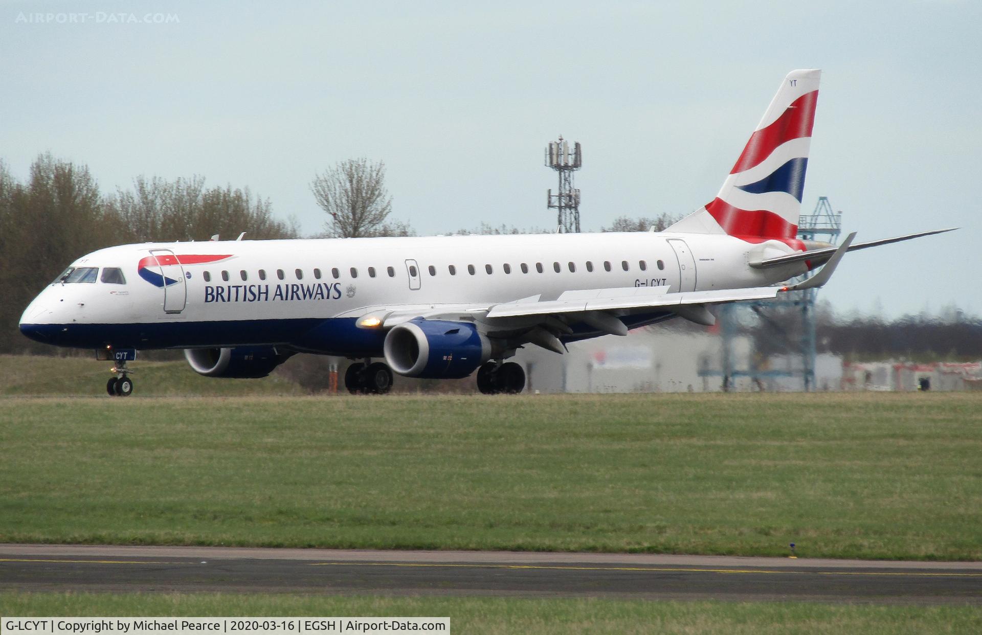 G-LCYT, 2014 Embraer 190SR (ERJ-190-100SR) C/N 19000670, Arriving on RWY 27 from London (LCY) for storage, due to a drop in passenger demand during the COVID-19 outbreak.