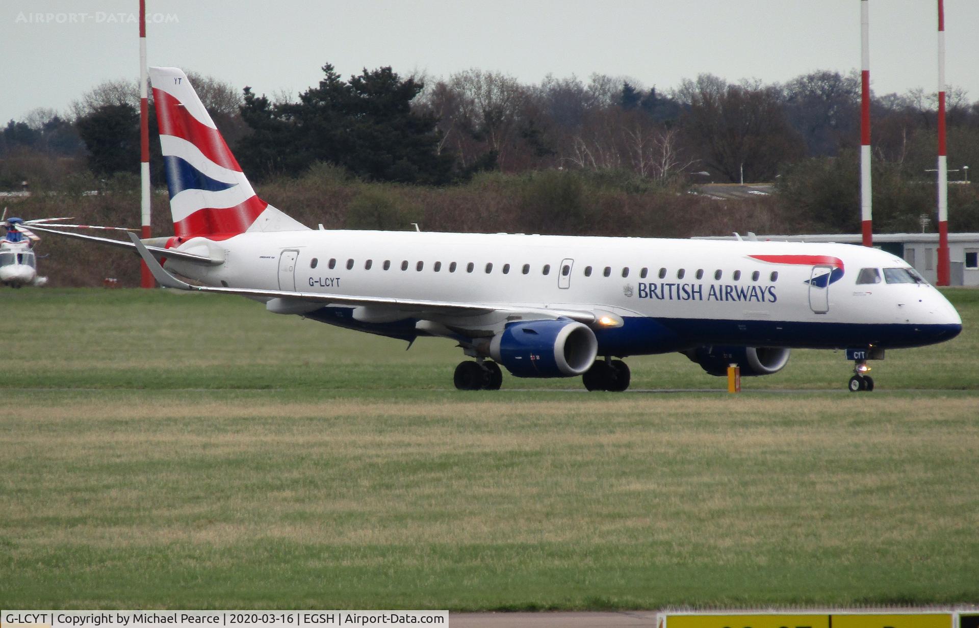 G-LCYT, 2014 Embraer 190SR (ERJ-190-100SR) C/N 19000670, Arriving from London (LCY) for storage, due to a drop in passenger demand during the COVID-19 outbreak.