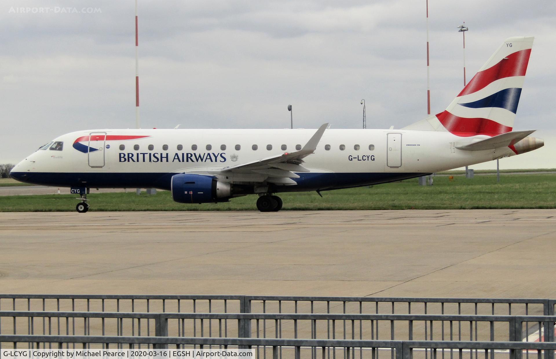 G-LCYG, 2009 Embraer 170STD (ERJ-170-100STD) C/N 17000300, Departing Stand 3 to London (LCY) as a shuttle bus for crew bringing in other BACF aircraft for storage, due to a drop in passenger demand during the COVID-19 outbreak.