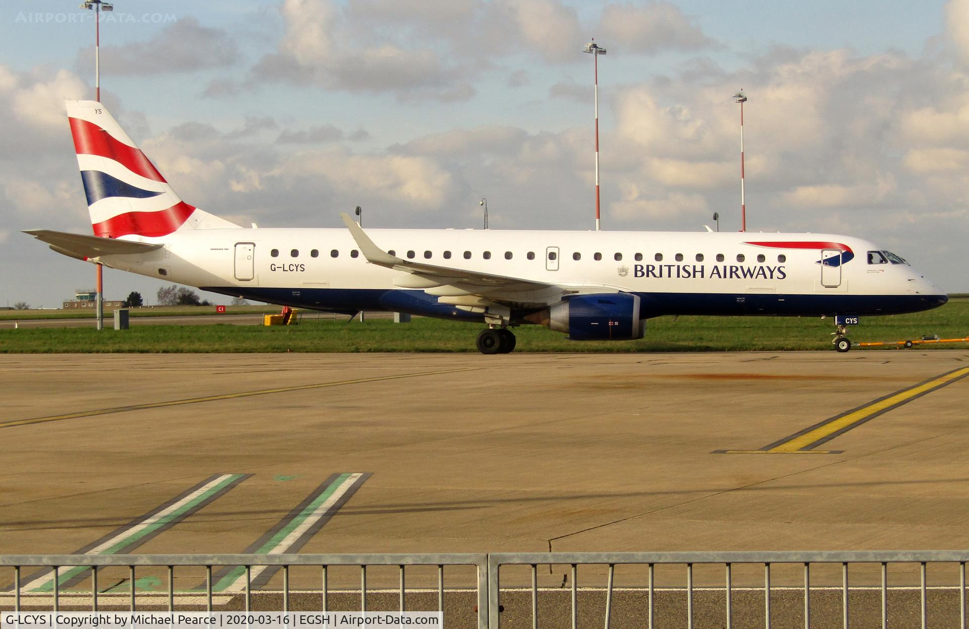 G-LCYS, 2014 Embraer 190SR (ERJ-190-100SR) C/N 19000663, Under tow from Stand 5 for storage, due to a drop in passenger demand during the COVID-19 outbreak.