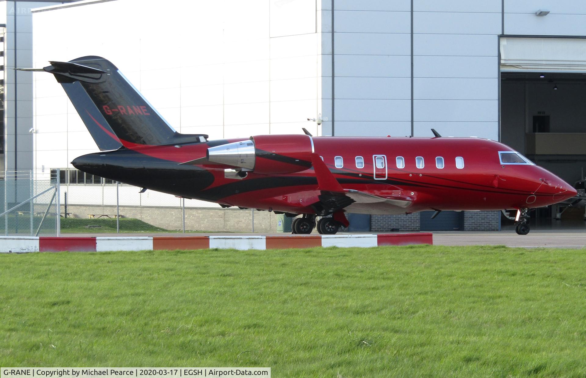 G-RANE, 2012 Bombardier Challenger 605 (CL-600-2B16) C/N 5904, Parked on the company apron after arrival from Nice (NCE).