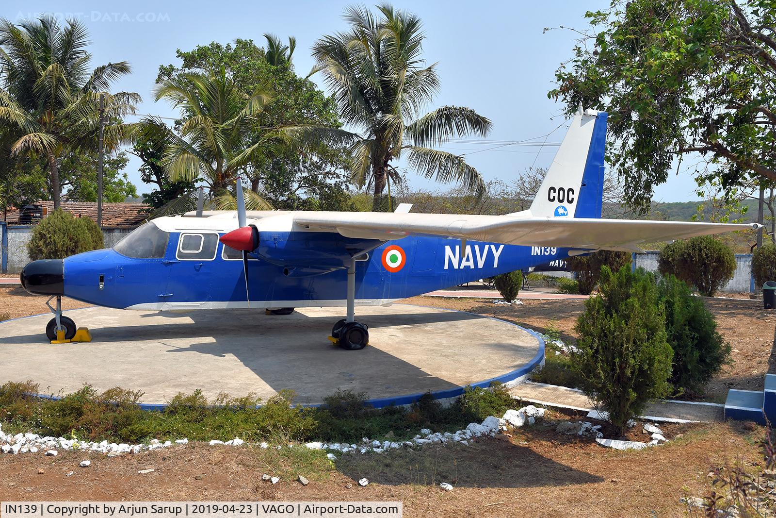 IN139, 1981 Pilatus Britten-Norman BN-2B-21 Islander C/N 2135, On display at Naval Air Museum Goa with the emblem of INAS 550 and tail code for INS Garuda.  Islanders served with INAS 550 “Flying Fish” and INAS 318 “Hawks” for aircrew training, short-range maritime reconnaissance, SAR and communications.