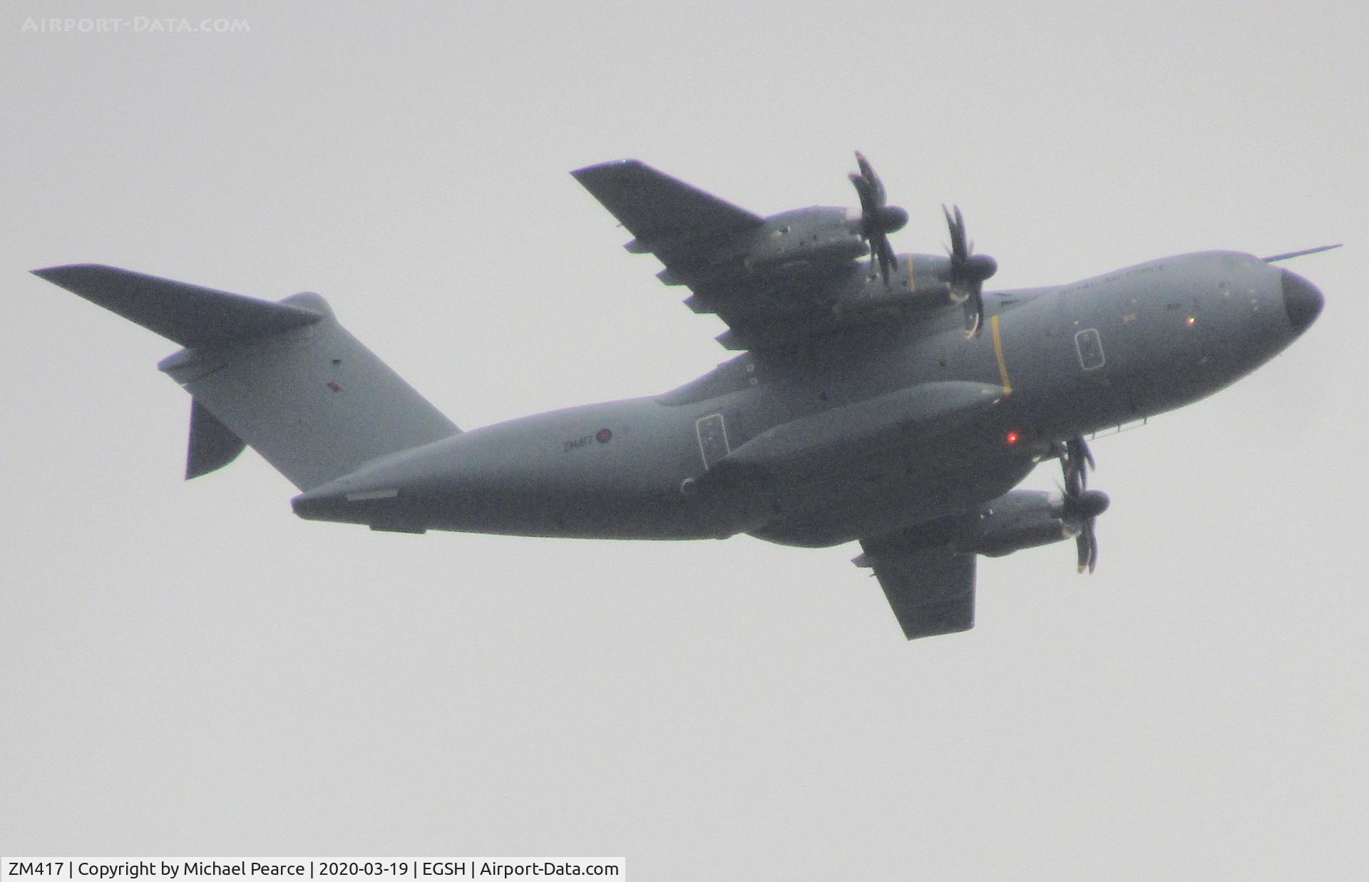 ZM417, 2017 Airbus A400M Atlas C.1 C/N 060, Overflying NWI on return to RAF Brize Norton (BZZ), after performing ILS approach training.