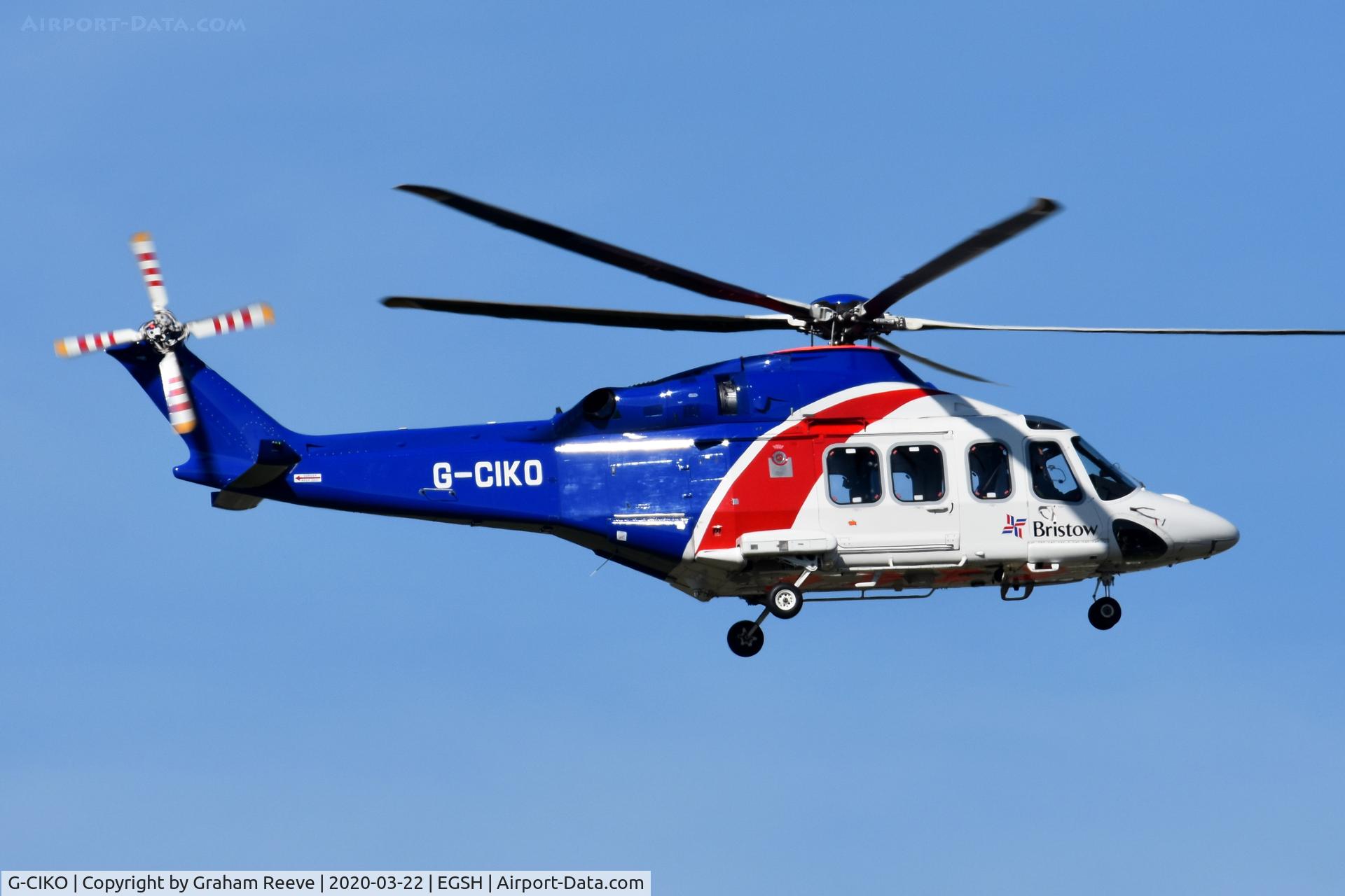 G-CIKO, 2014 AgustaWestland AW-139 C/N 41378, Departing from Norwich.