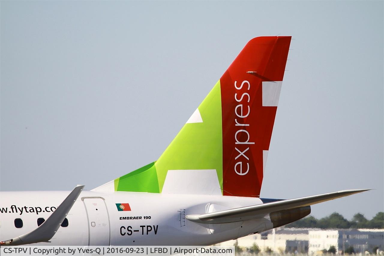 CS-TPV, 2012 Embraer 190LR (ERJ-190-100LR) C/N 19000541, Embraer 190LR, Tail close up view, Bordeaux Mérignac airport (LFBD-BOD)