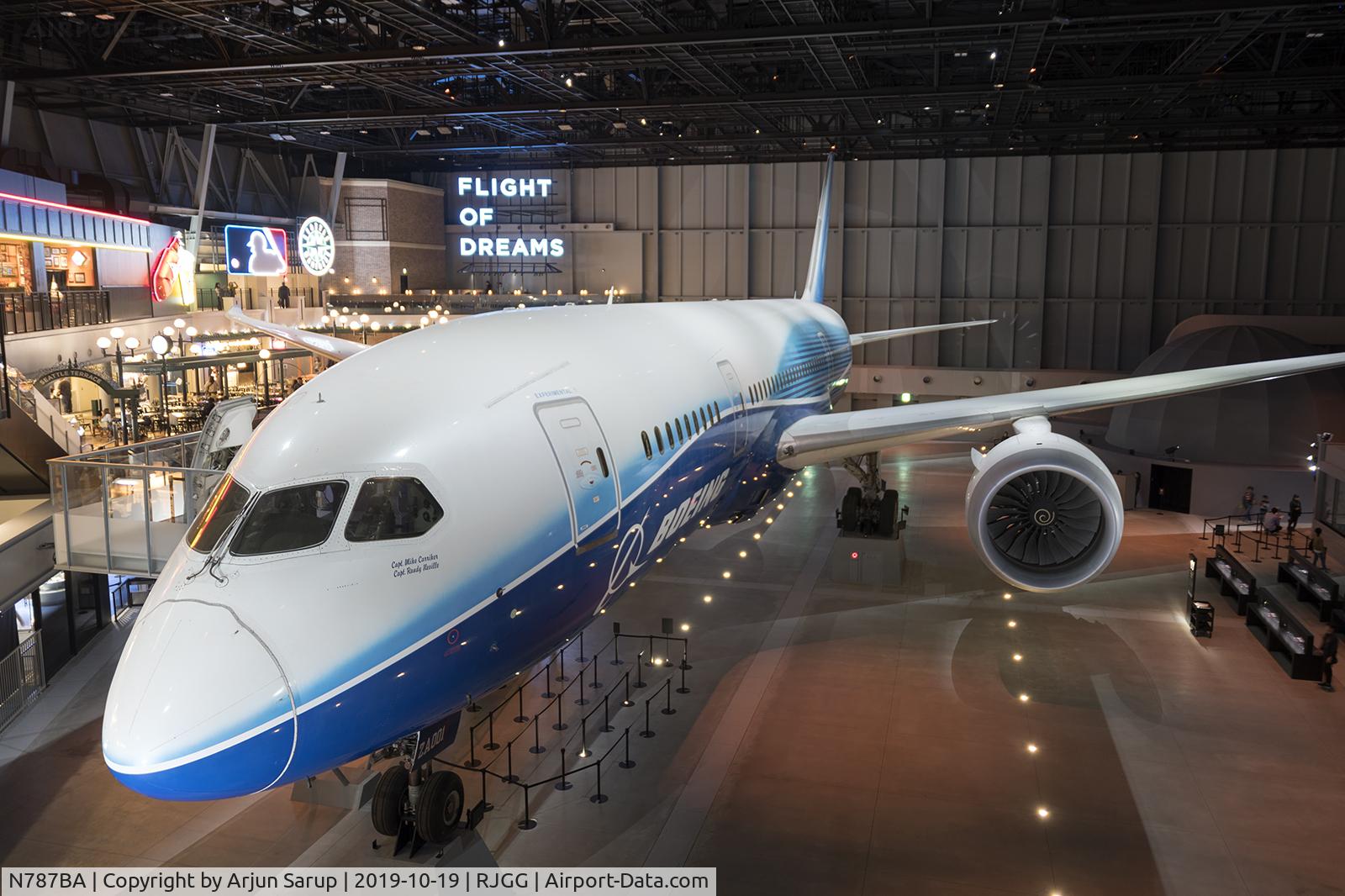 N787BA, 2009 Boeing 787-8 Dreamliner C/N 40690, On display at Flight of Dreams at Chubu Centrair airport.  This is the prototype 787-8 that was donated by Boeing to Nagoya after Japan’s aerospace industry played a large part in developing and financing the Dreamliner.
