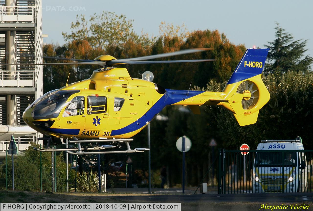 F-HORG, 2005 Eurocopter EC-135P-2 C/N 0438, Trousseau hospital. Operated by SAMU 36 in 2018.