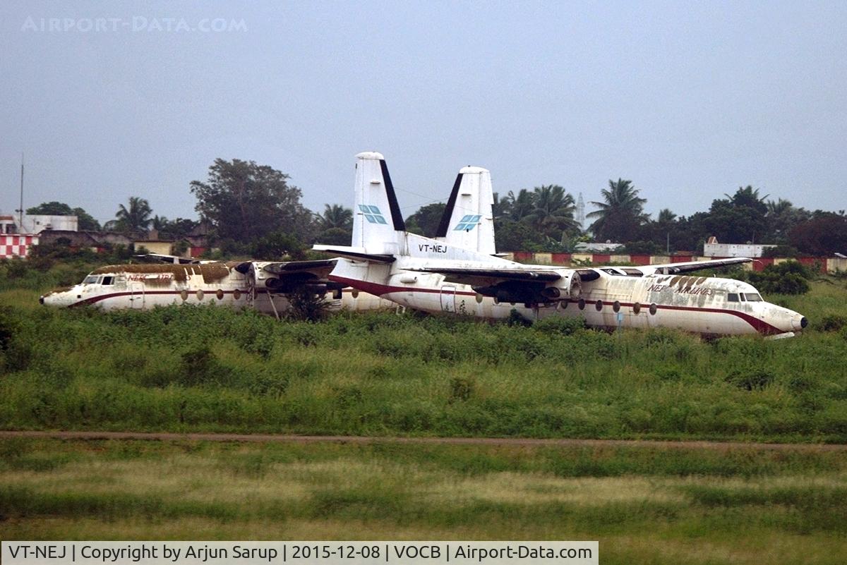 VT-NEJ, 1985 Fokker F-27-500 Friendship C/N 10684, Winter evening reveals a pair of derelict F-27s parked at Coimbatore airport.  Chennai-based NEPC and its subsidiary Skyline NEPC went out of business in 1997 after failing to pay Indian Oil Corporation.