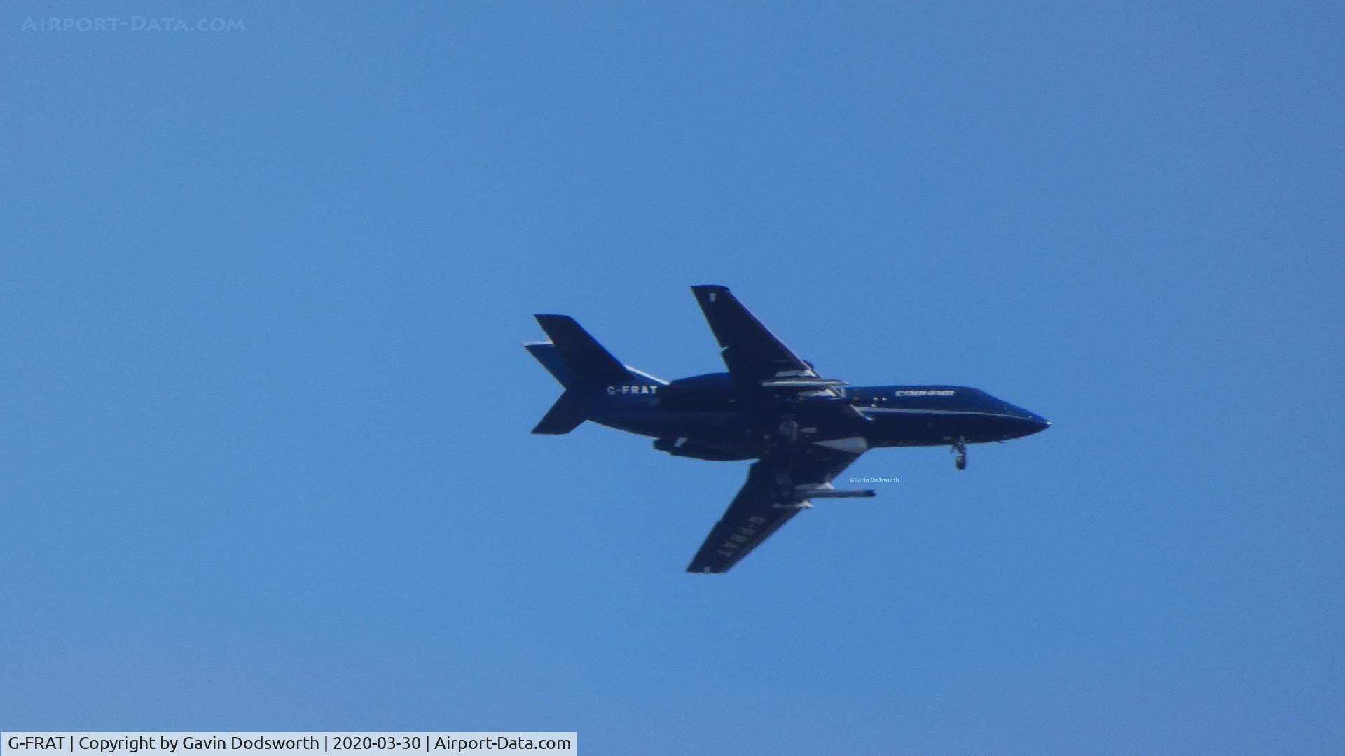 G-FRAT, 1967 Dassault Falcon (Mystere) 20DC C/N 87, G-FRAT over Darlington returning to Teesside International Airport on Monday 30th March 2020