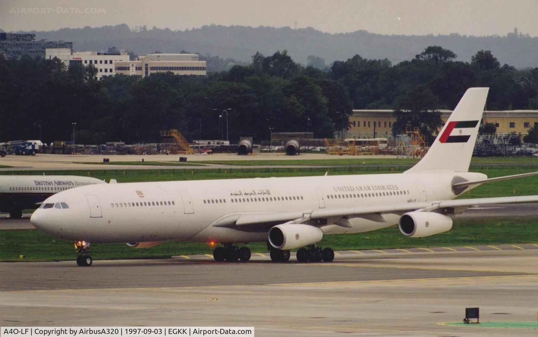 A4O-LF, 1996 Airbus A340-312 C/N 133, Seen at Gatwick whilst leased to UAE