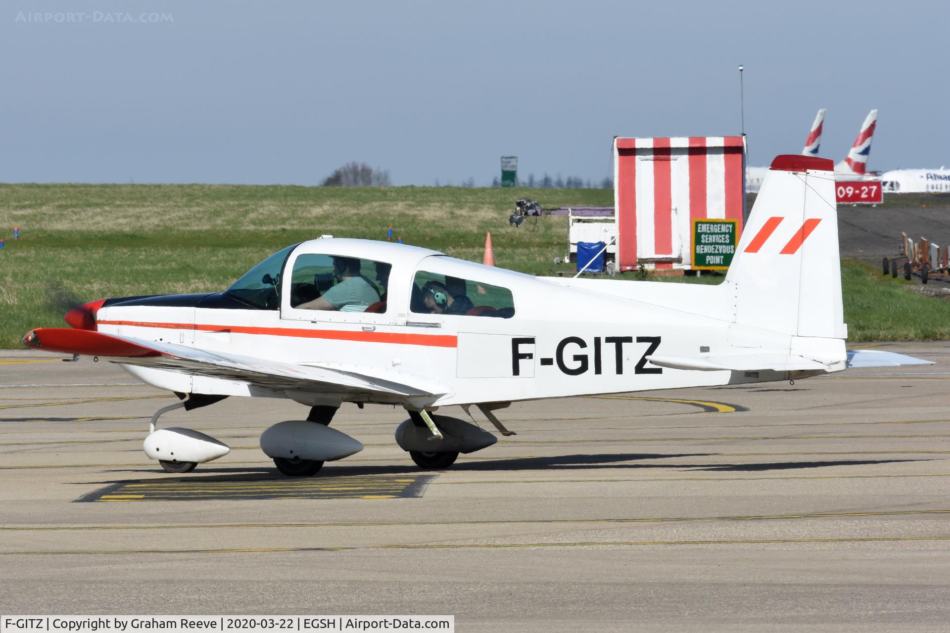 F-GITZ, Grumman American AG-5B Tiger C/N 10140, Just landed at Norwich.