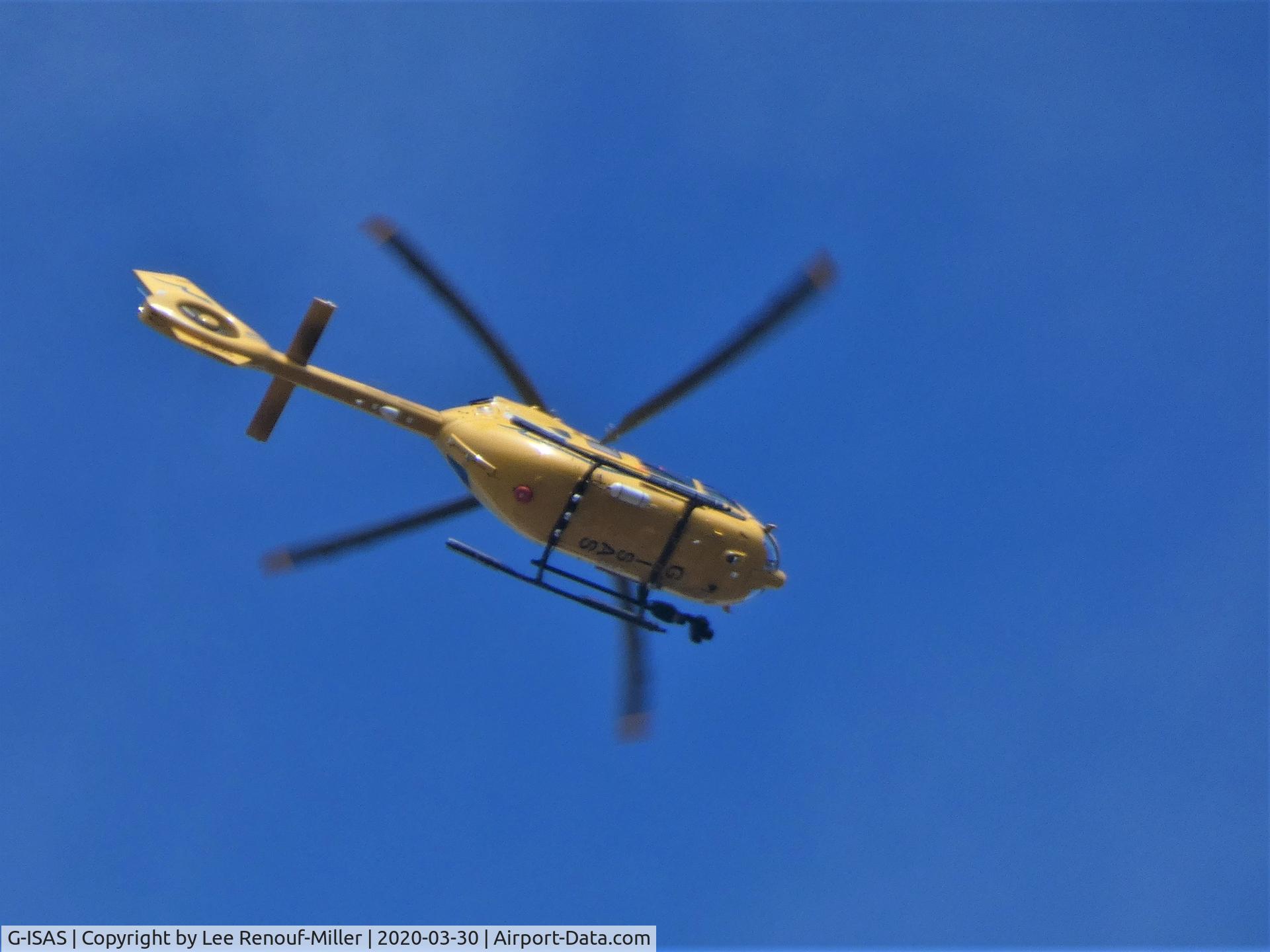 G-ISAS, 2019 Airbus Helicopters EC-145T-2 (BK-117D-2) C/N 20299, G-ISAS in yellow ambulance livery. Altitude 3000 feet. Speed 53 kts (61 mph). Location Dalmellington, Ayrshire. Journey from Glasgow to Dalmellington via Kilmarnock.