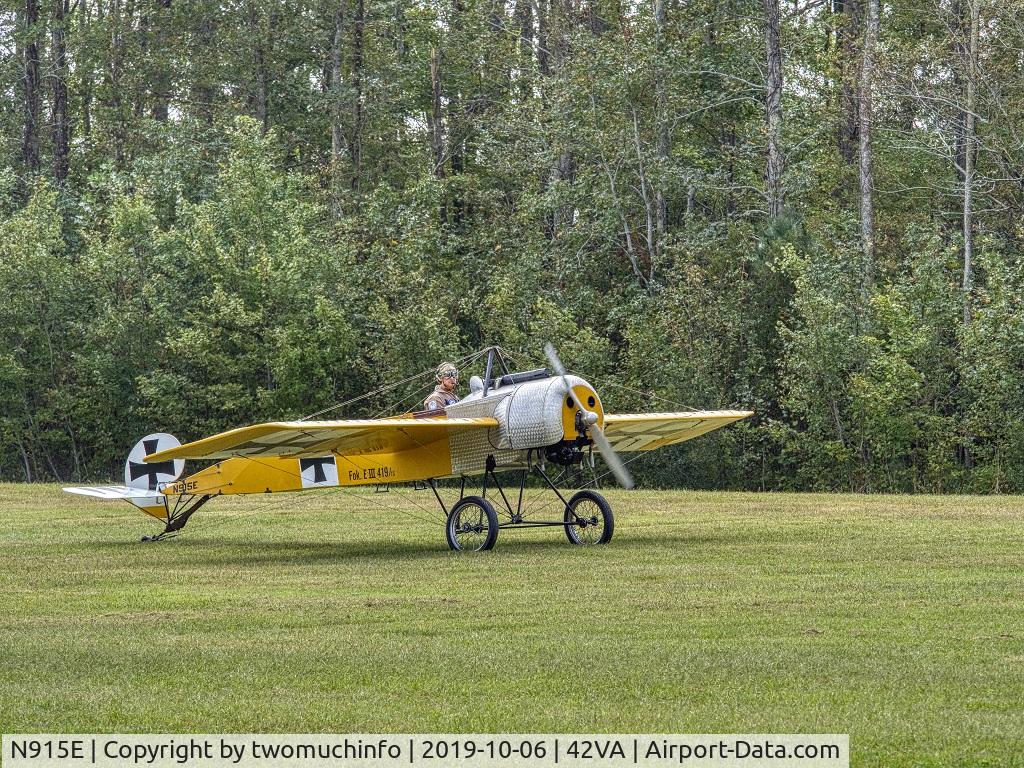 N915E, Fokker Eindecker E.III (Replica) C/N FF006 (419/15), Taken at Biplanes & Brews WWI Air Show put on by the Military Aviation Museum. N915E did not get airborne after several attempts.