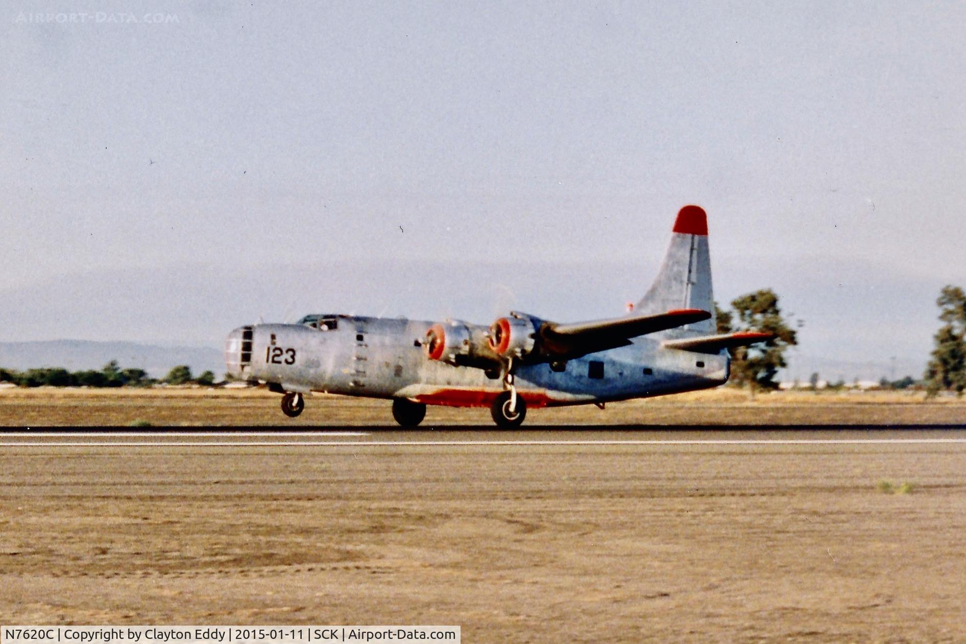 N7620C, 1945 Consolidated Vultee P4Y-2 Privateer C/N 66260, Departing Stockton Airport California 1980's?