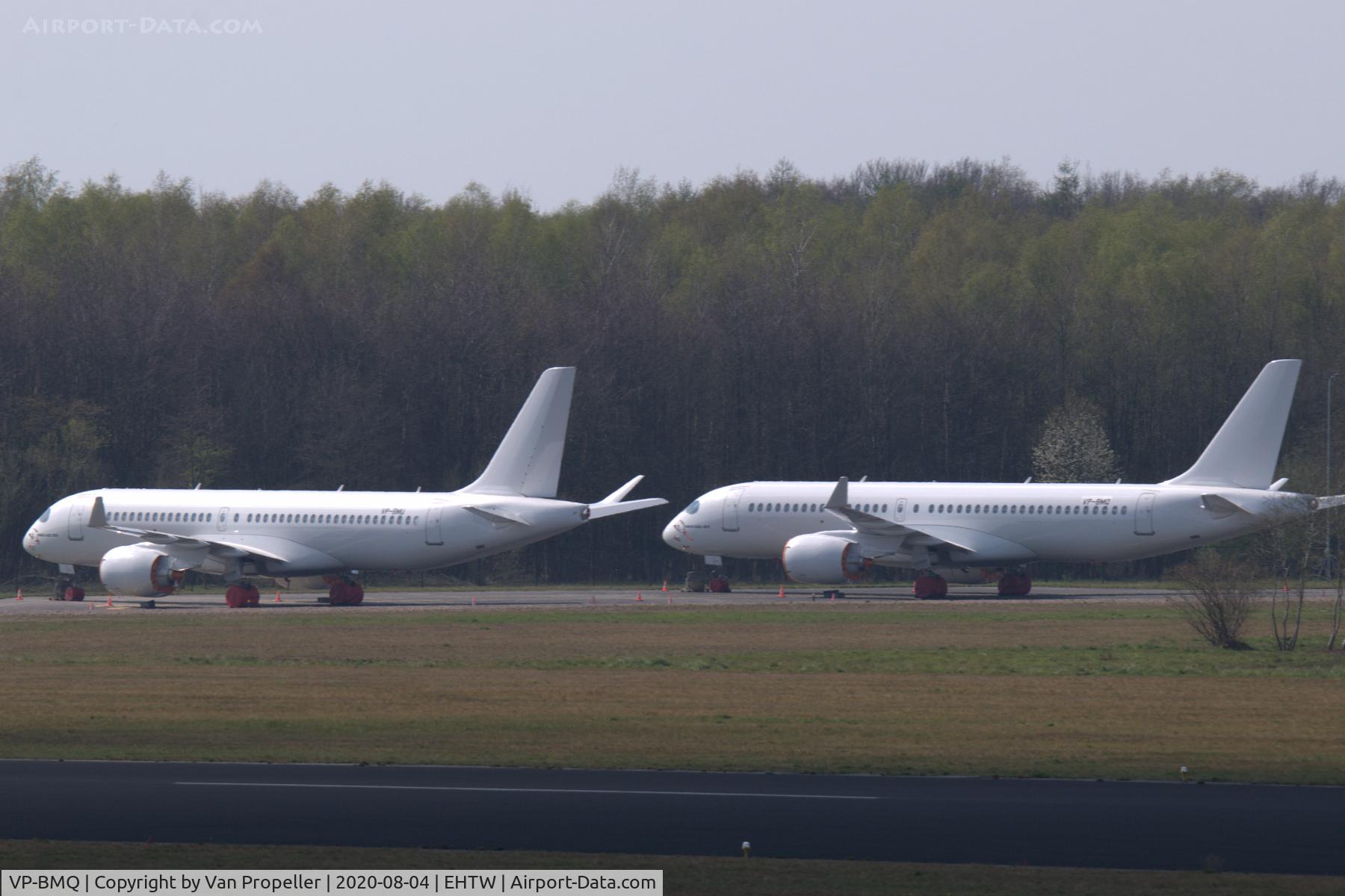 VP-BMQ, 2019 Airbus A220-300 C/N 55073, Undelivered Airbus A220-300s stored at Twente airport, the Netherlands. VP-BMQ to the right (VP-BMU left). Destined for lease to Red Wings Airlines of Russia, but cancelled. Waiting for a new customer
