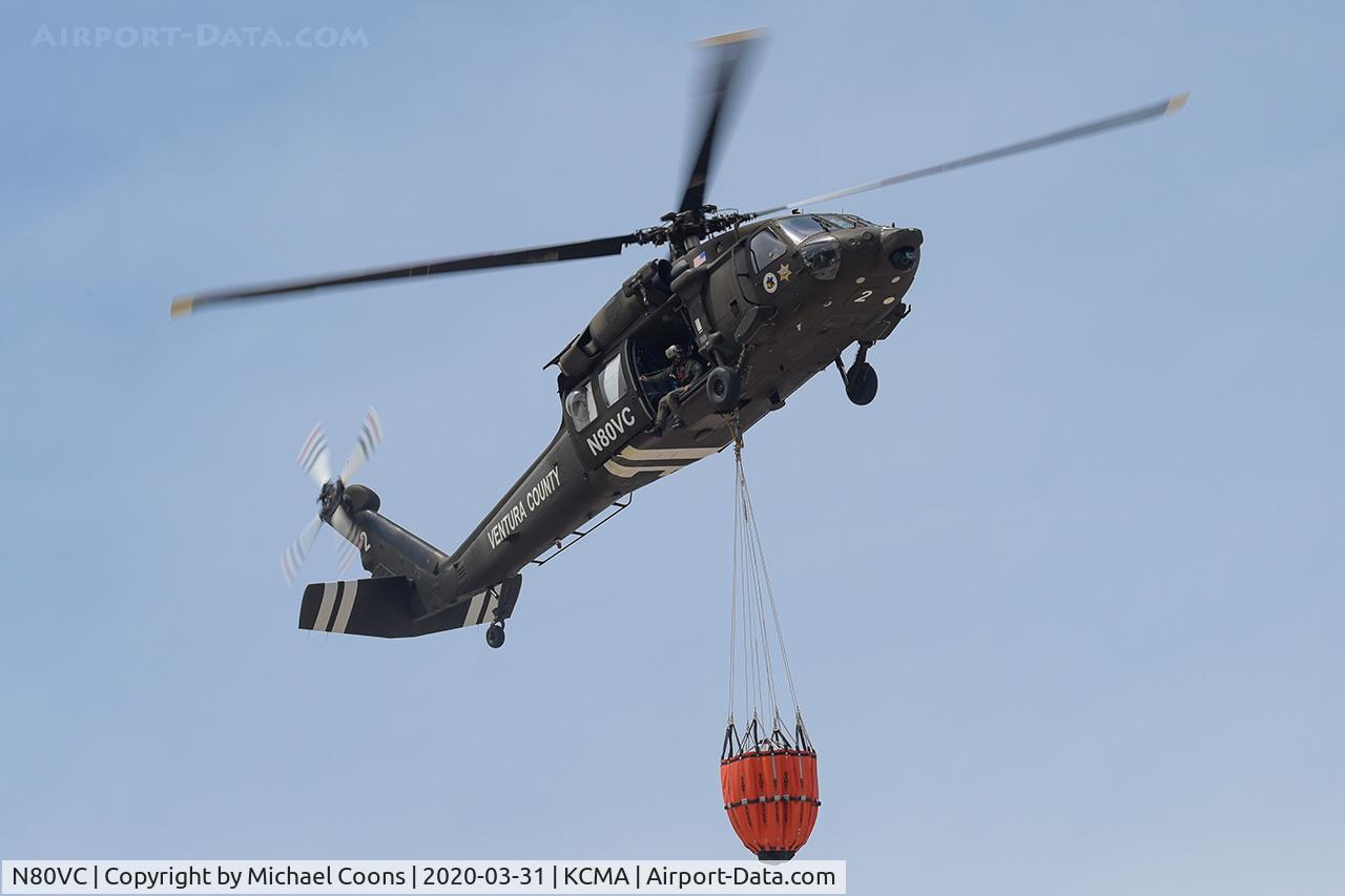 N80VC, 2006 Sikorsky HH-60L Pave Hawk C/N 703007, Ventura County Fire Department's Copter 2 returning to the Camarillo Airport following Bambi bucket training.
