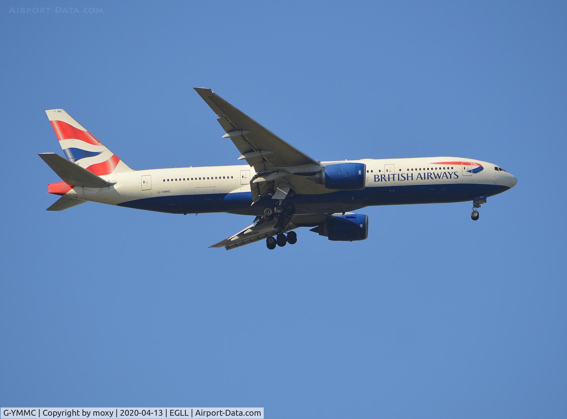 G-YMMC, 2000 Boeing 777-236 C/N 30304, Boeing 777-236 on finals to London Heathrow after a short flight from London Gatwick, flight number BA9157.