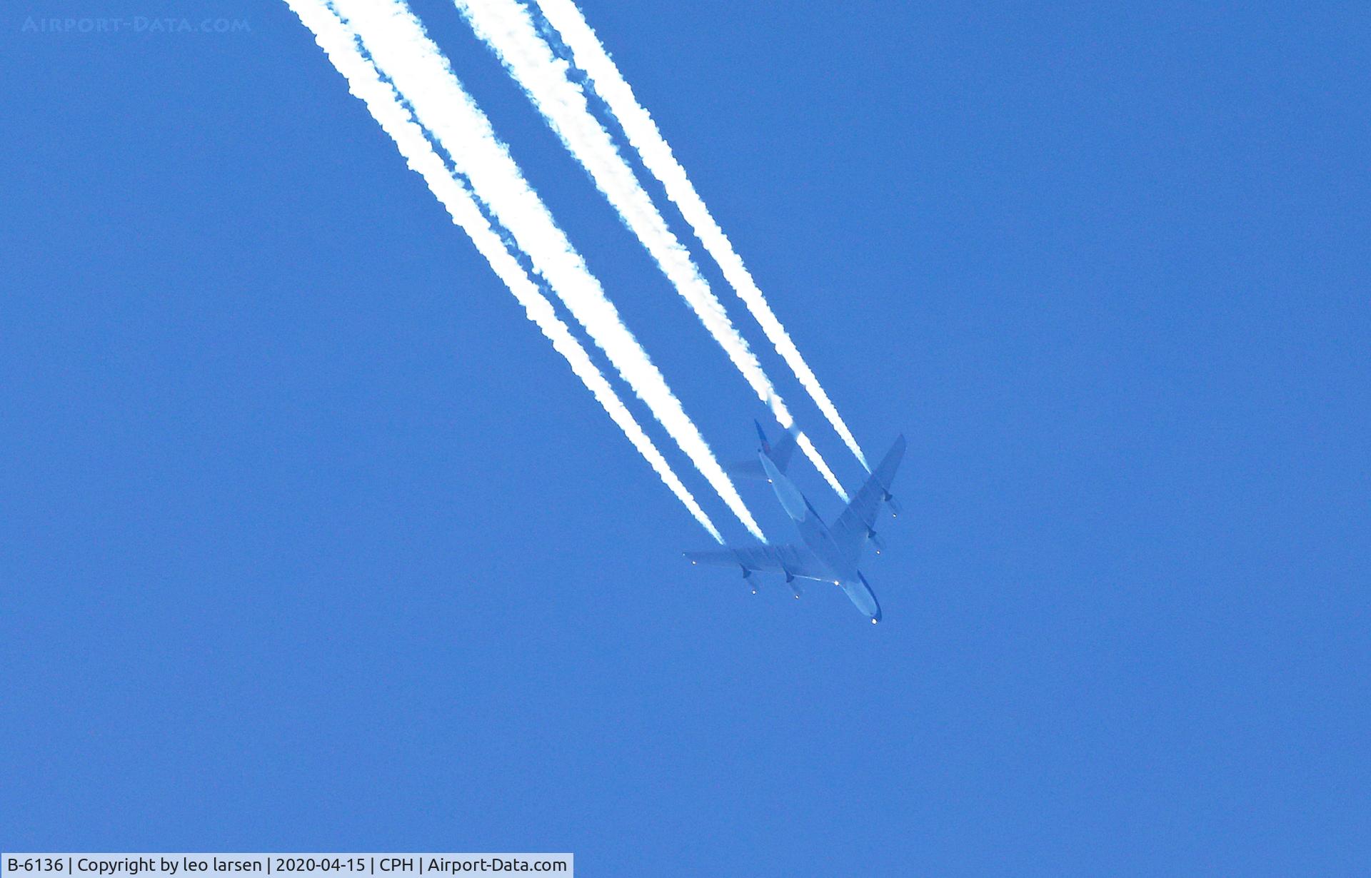 B-6136, 2011 Airbus A380-841 C/N 031, Overflying CPH 15.4.2020 FL 38.000 Ft  bound for
Guangzhou.