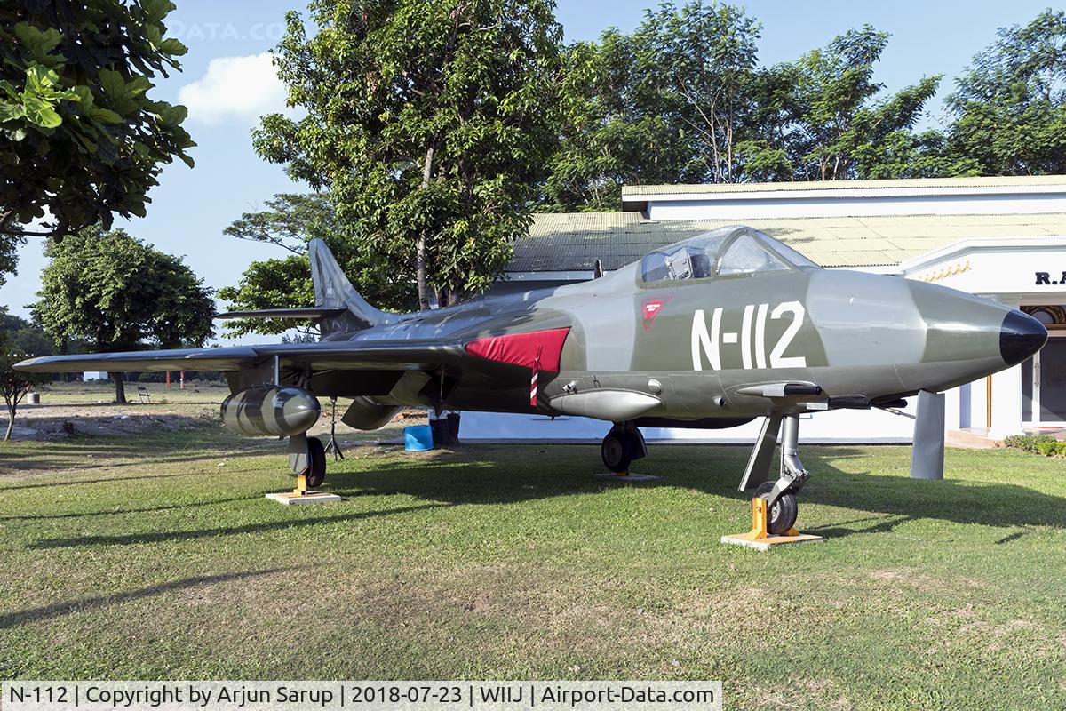 N-112, Hawker Hunter F.4 C/N 8612, On display at Museum Pusat TNI-AU Dirgantara Mandala.  This was one of 12 Hunters delivered by HNLMS Karel Doorman (R81) to Hollandia, New Guinea in 1960.  It was damaged beyond repair following a crash into the sea off Frans Kaisiepo Airport.