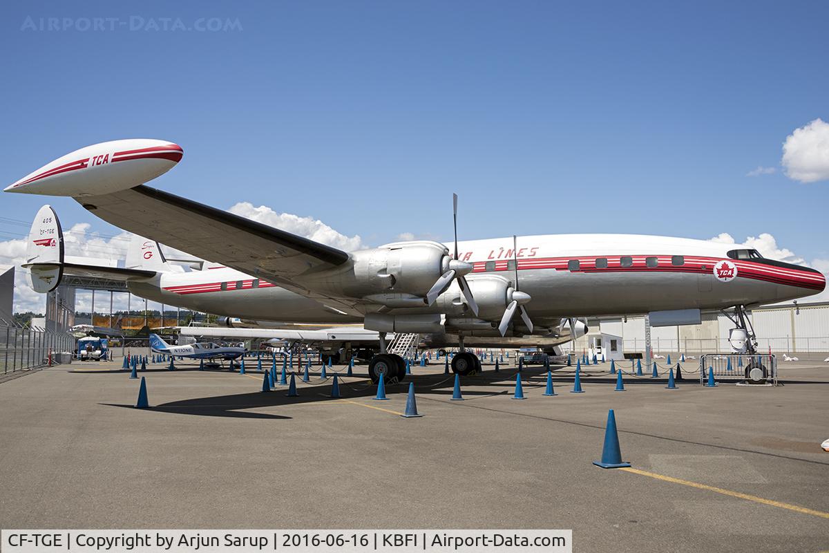 CF-TGE, 1954 Lockheed L-1049C Super Constellation C/N 4544, On display at the Museum of Flight.  The most successful of all the Constellation models, the 1049G could be fitted with wingtip tanks to increase range.  This Super Connie was delivered to Trans-Canada Airlines in 1954.