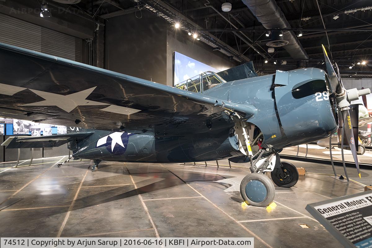 74512, General Motors (Grumman) FM-2 Wildcat C/N 4704, This aircraft is painted with a shamrock on the tail to represent a Wildcat embarked on CVE-84 Shamrock Bay that took part in the Philippines and Okinawa campaigns in 1945.