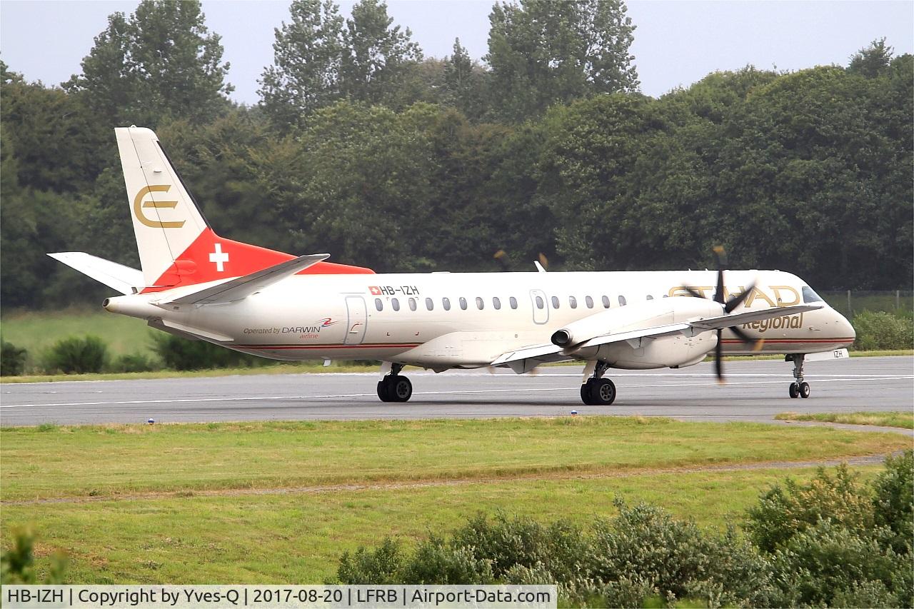 HB-IZH, 1994 Saab 2000 C/N 2000-011, Saab 2000, Lining up rwy 25L, Brest-Bretagne airport (LFRB-BES)