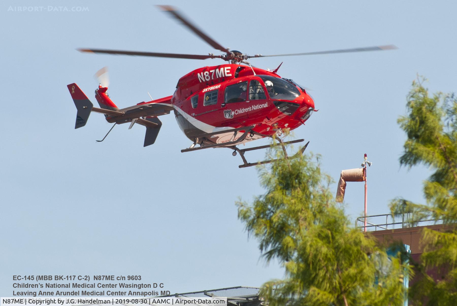 N87ME, 2013 Eurocopter-Kawasaki EC-145 (BK-117C-2) C/N 9603, Take off from Anne Arundel Medical Center Annapolis MD with pediatric patient.