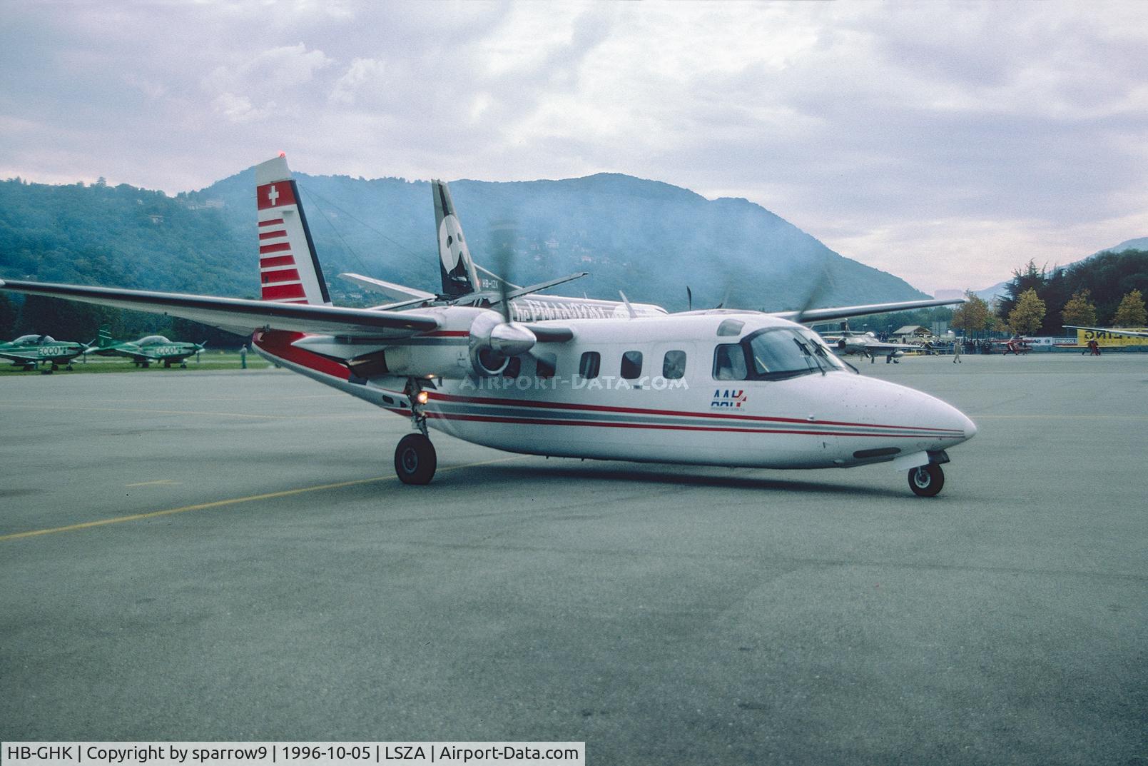 HB-GHK, 1982 Rockwell 695A Turbo Commander C/N 96023, At Lugano-Agno airshow. HB-registered from 1985-04-26 until 2006-03-24. Scanned from a slide.