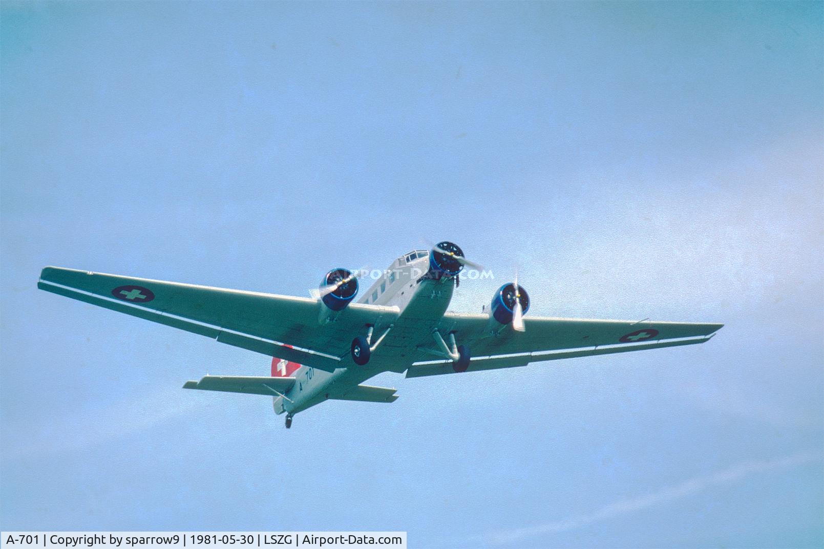 A-701, 1939 Junkers Ju-52/3m g4e C/N 6580, At an airshow at Grenchen. At this time the plane wore the military registration. Scanned from a slide.