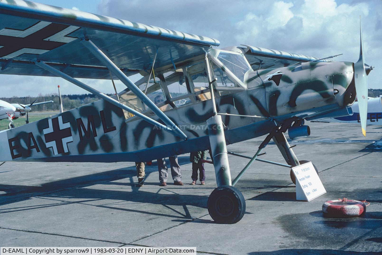 D-EAML, 1949 Morane-Saulnier MS-500 Criquet C/N 751, At RMF Aero Friedrichshafen. I am doubting the identity of this aircraft. The description in front says it to be a Fi. 156 built 1936. Scanned from a slide.